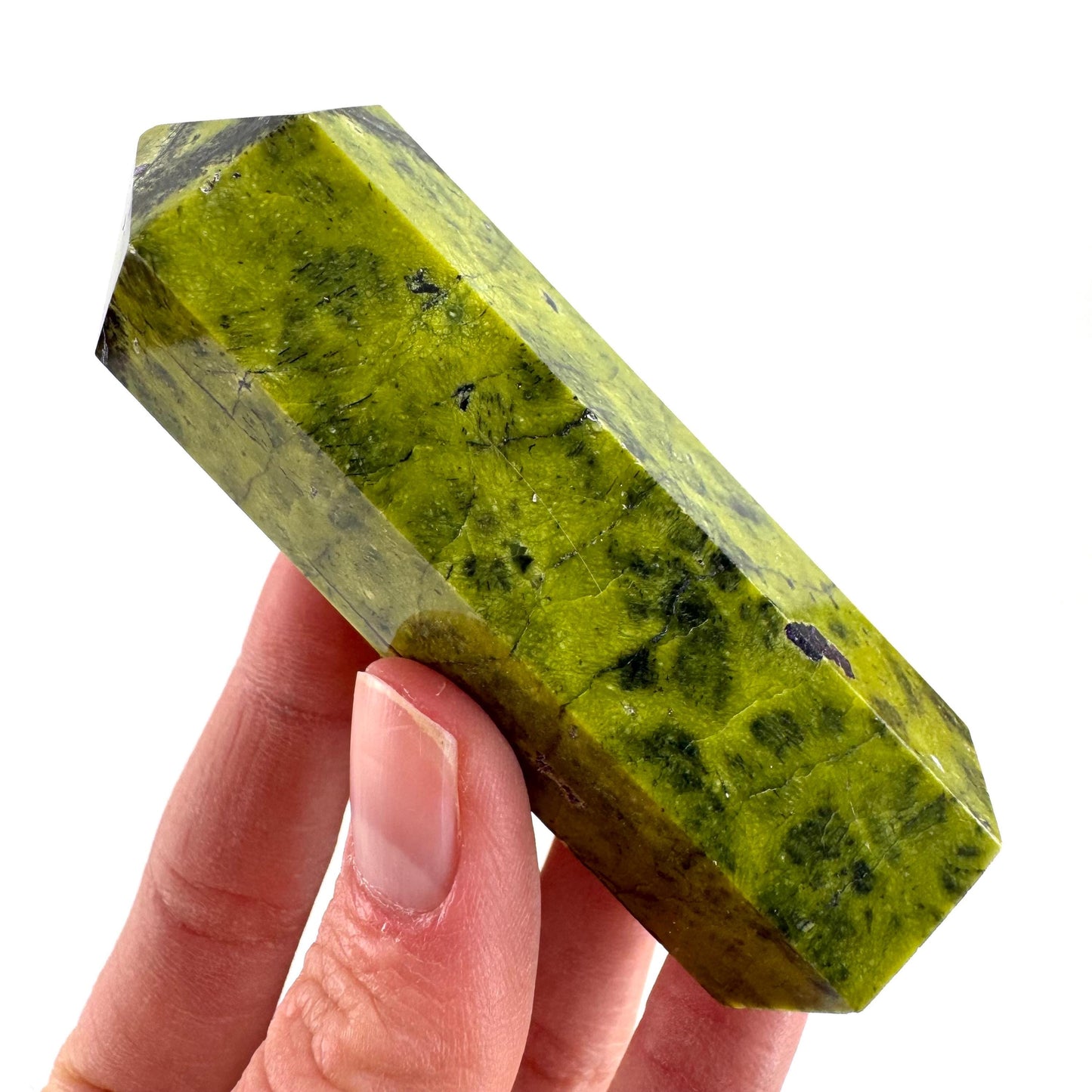 Atlantisite Point (Tasmania) | polished atlantisite crystal tower, stichtite in serpentine, crystal point, rare minerals