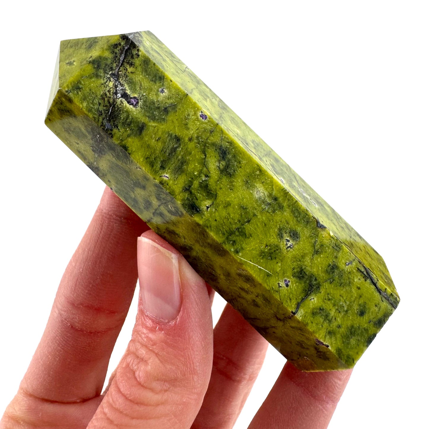 Atlantisite Point (Tasmania) | polished atlantisite crystal tower, stichtite in serpentine, crystal point, rare minerals