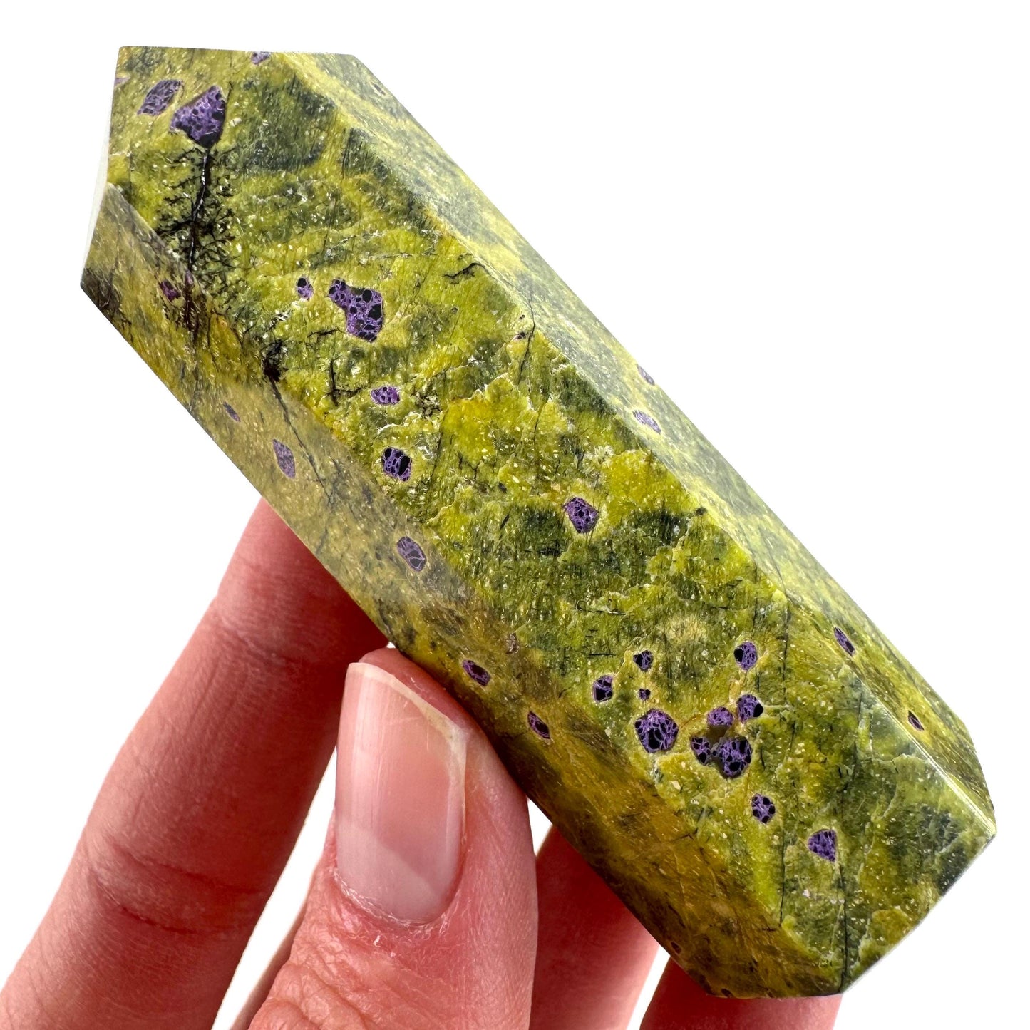 Atlantisite Point (Tasmania) | polished atlantisite crystal tower, stichtite in serpentine, crystal point, rare minerals