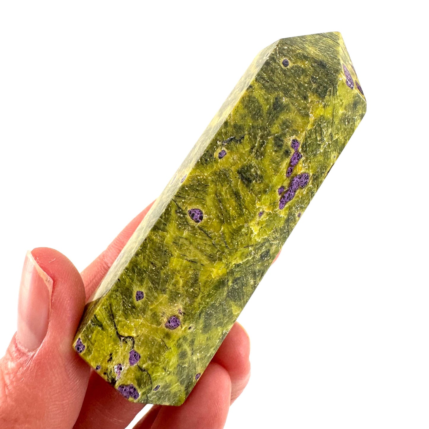 Atlantisite Point (Tasmania) | polished atlantisite crystal tower, stichtite in serpentine, crystal point, rare minerals