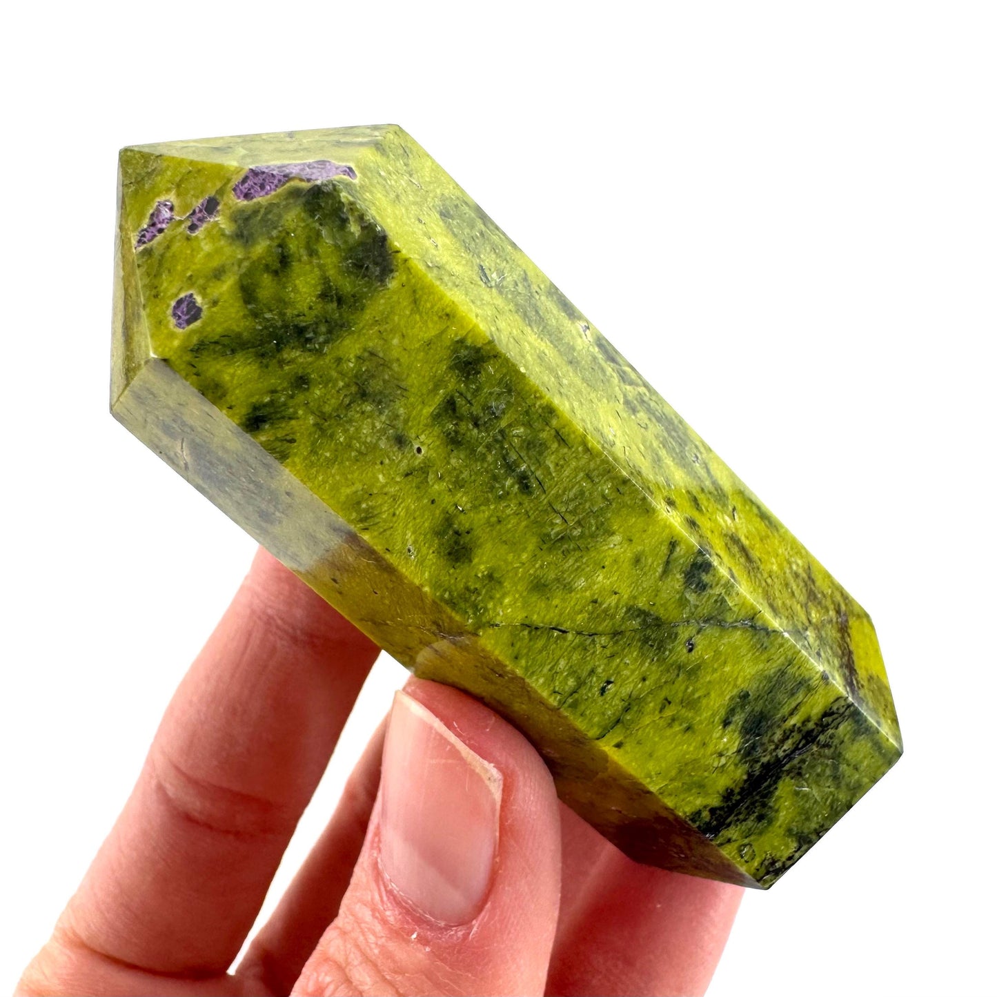 Atlantisite Point (Tasmania) | polished atlantisite crystal tower, stichtite in serpentine, crystal point, rare minerals