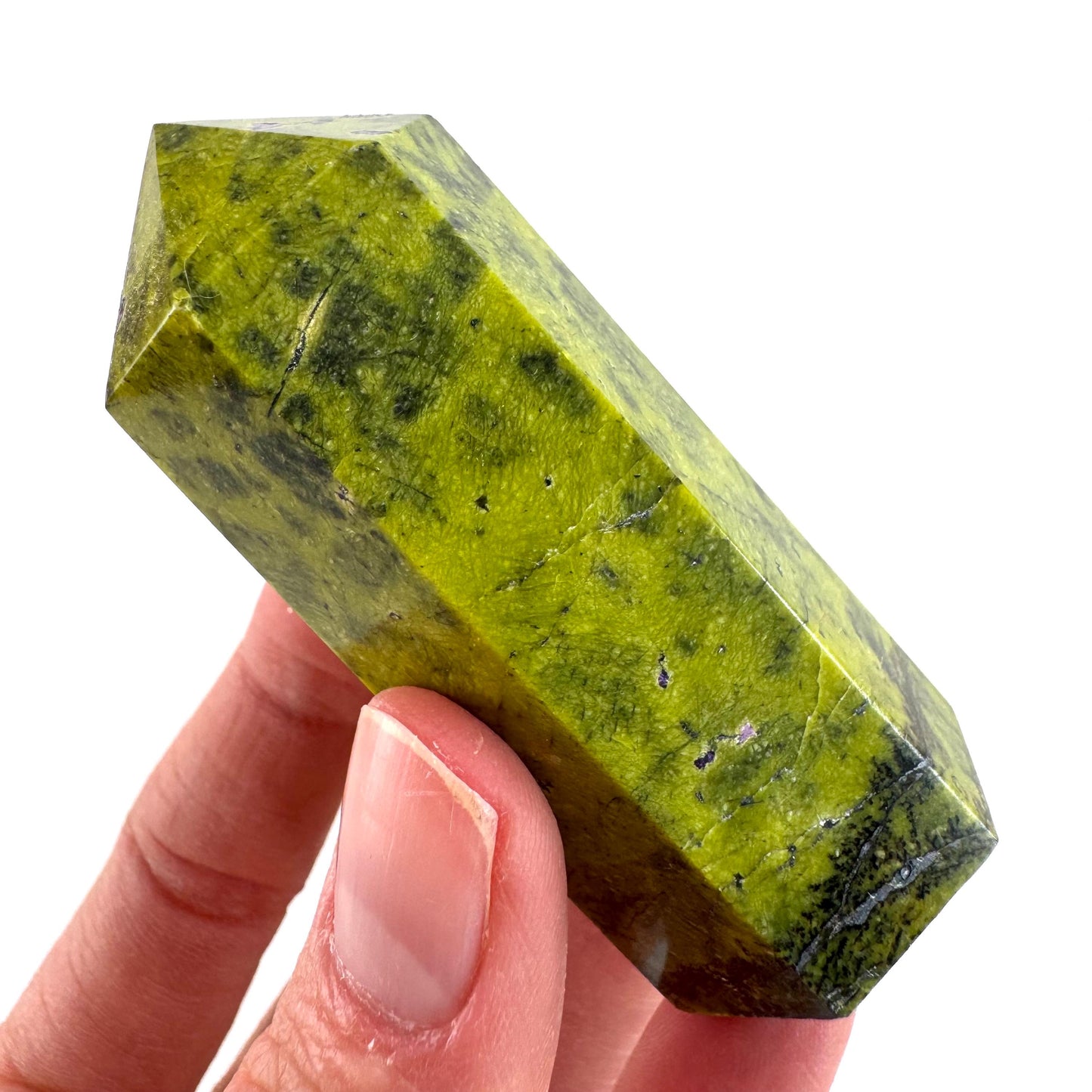 Atlantisite Point (Tasmania) | polished atlantisite crystal tower, stichtite in serpentine, crystal point, rare minerals