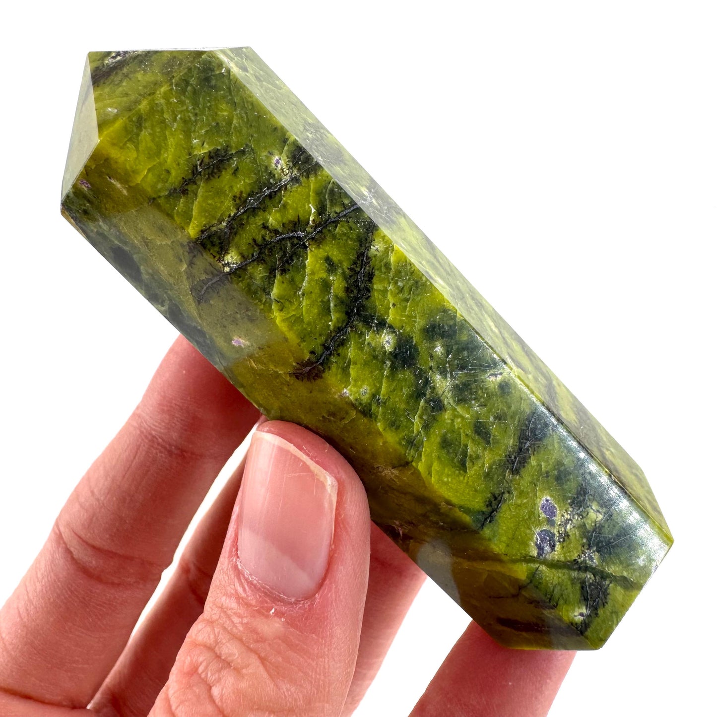 Atlantisite Point (Tasmania) | polished atlantisite crystal tower, stichtite in serpentine, crystal point, rare minerals