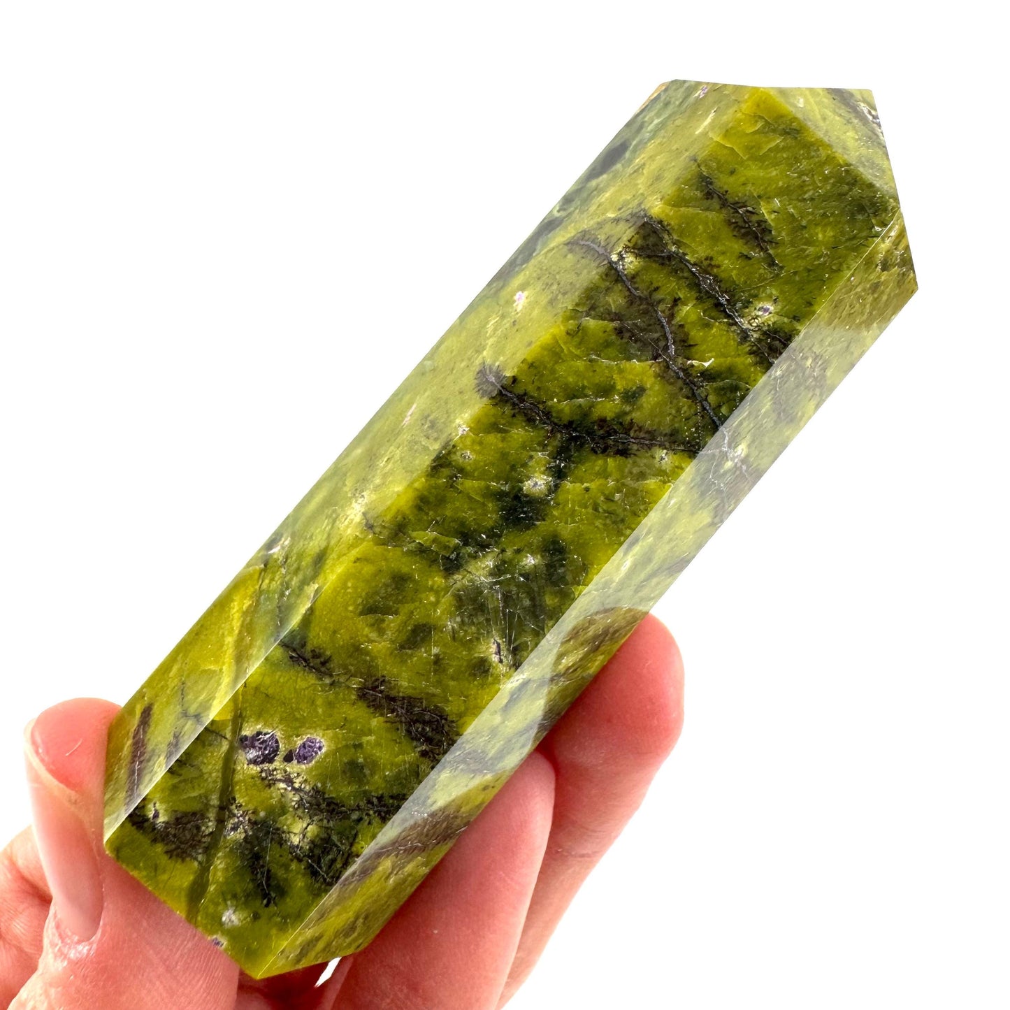 Atlantisite Point (Tasmania) | polished atlantisite crystal tower, stichtite in serpentine, crystal point, rare minerals