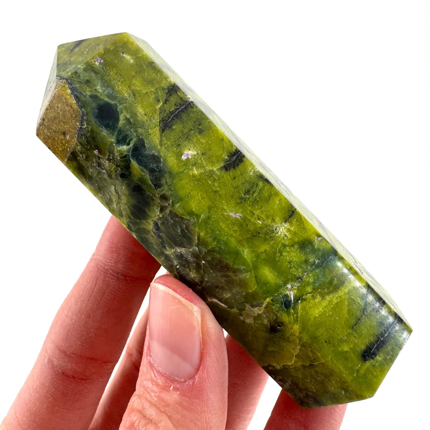Atlantisite Point (Tasmania) | polished atlantisite crystal tower, stichtite in serpentine, crystal point, rare minerals