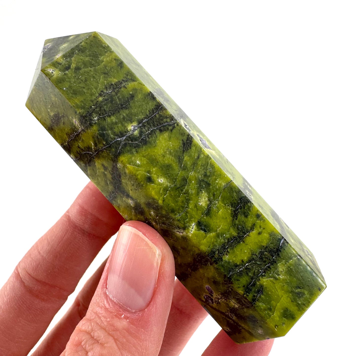 Atlantisite Point (Tasmania) | polished atlantisite crystal tower, stichtite in serpentine, crystal point, rare minerals
