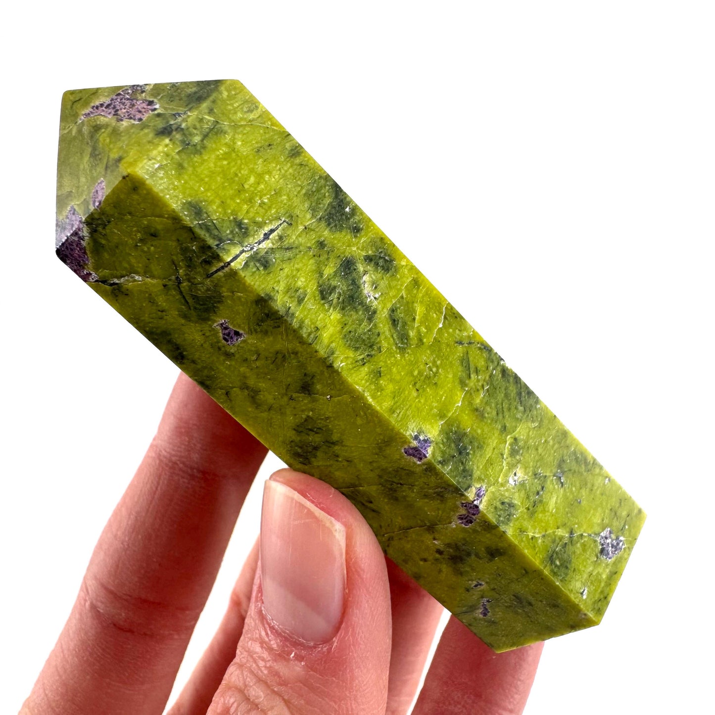 Atlantisite Point (Tasmania) | polished atlantisite crystal tower, stichtite in serpentine, crystal point, rare minerals