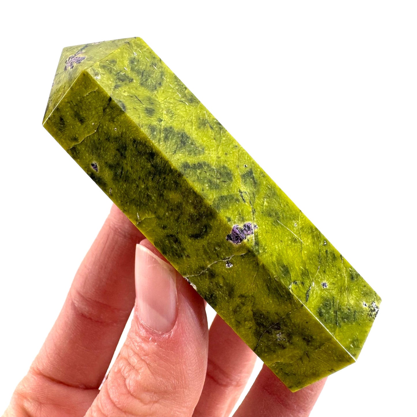 Atlantisite Point (Tasmania) | polished atlantisite crystal tower, stichtite in serpentine, crystal point, rare minerals