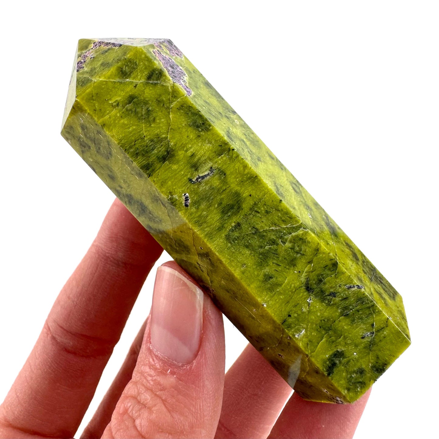 Atlantisite Point (Tasmania) | polished atlantisite crystal tower, stichtite in serpentine, crystal point, rare minerals