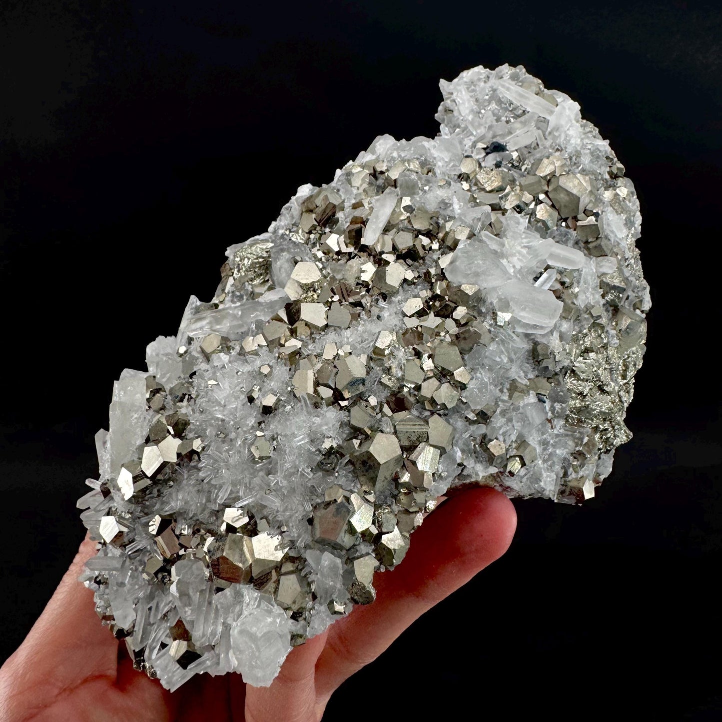 Pyrite on Quartz (Indonesia) | raw pyrite, natural pyrite cluster, quartz crystal, mineral specimen