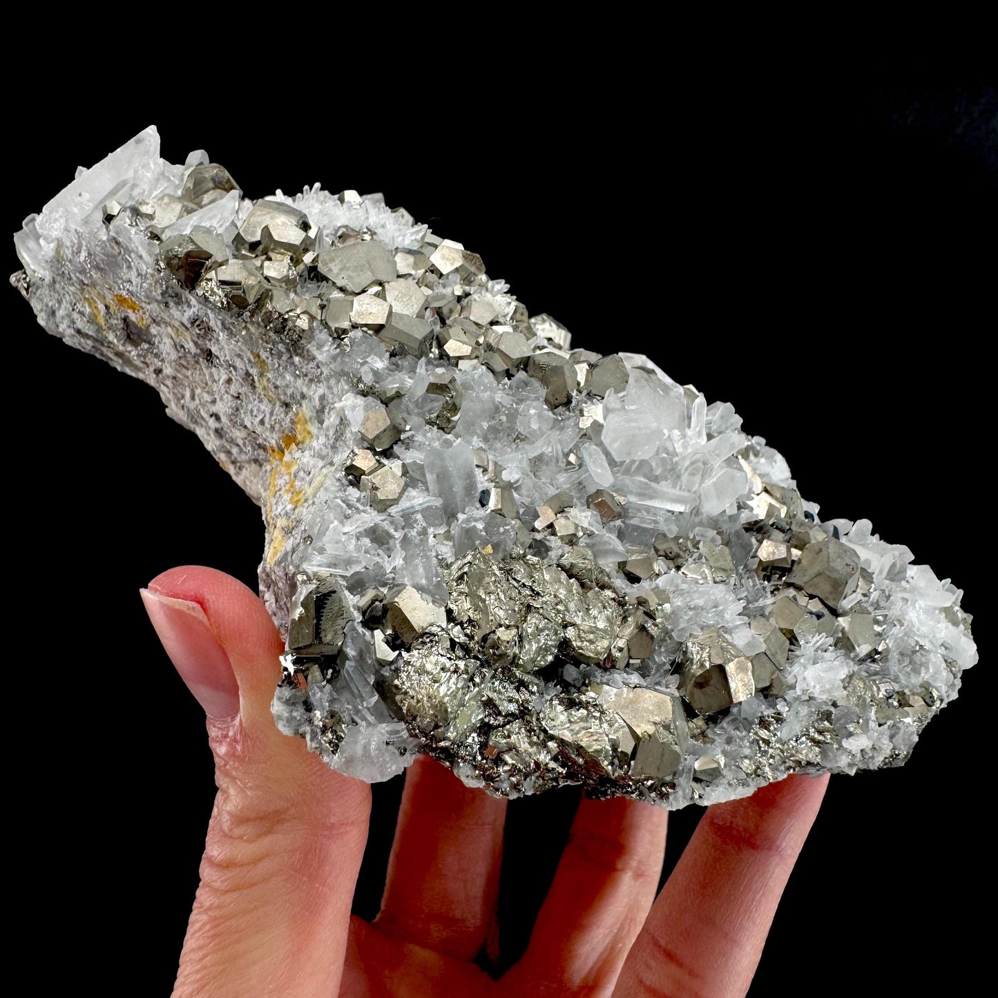 Pyrite on Quartz (Indonesia) | raw pyrite, natural pyrite cluster, quartz crystal, mineral specimen