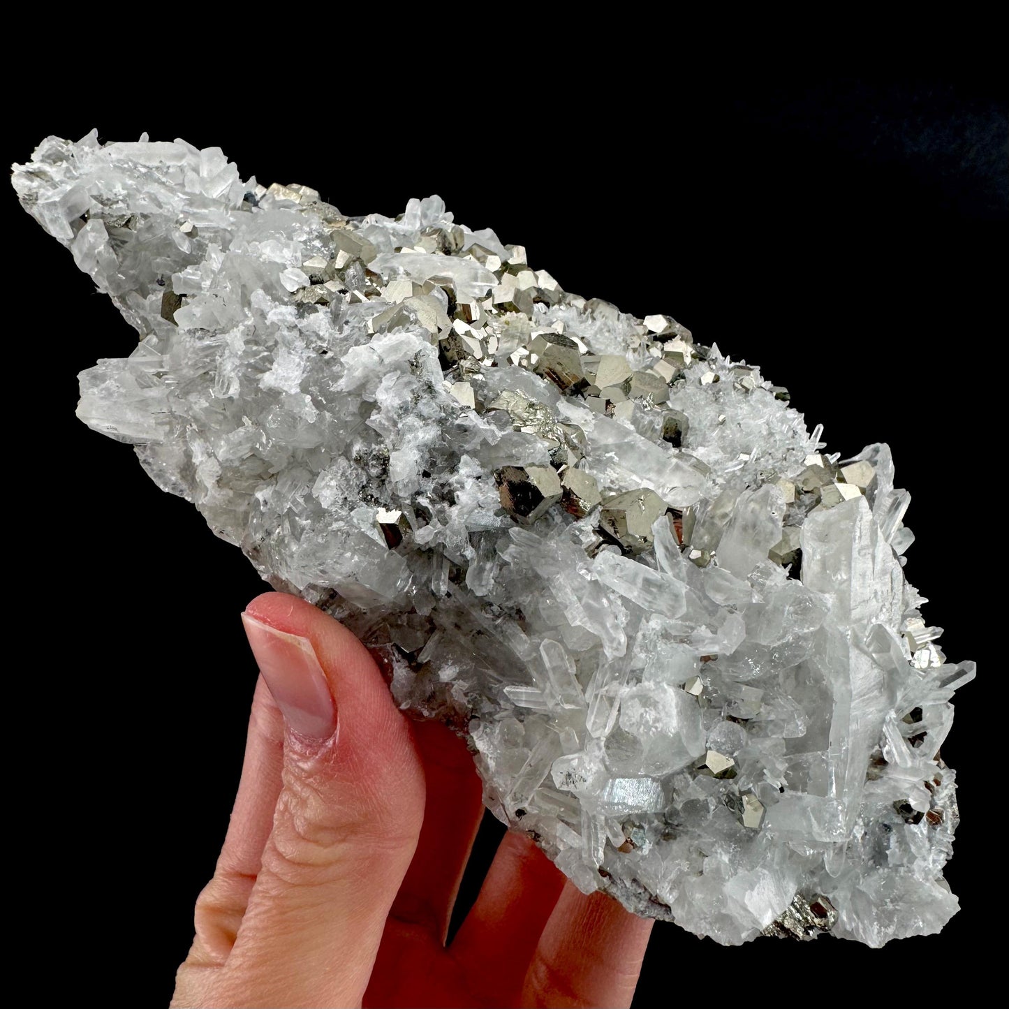 Pyrite on Quartz (Indonesia) | raw pyrite, natural pyrite cluster, quartz crystal, mineral specimen