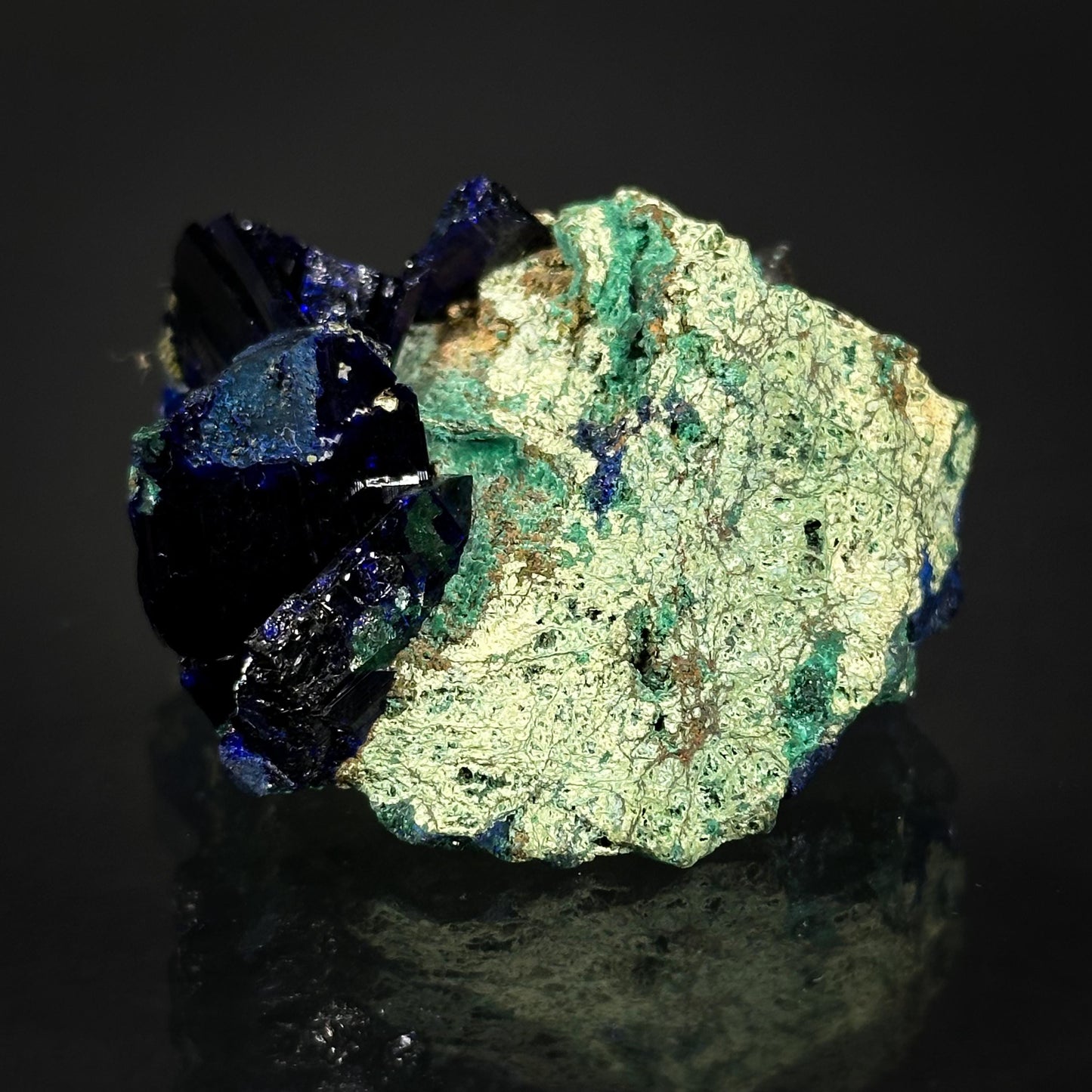 Azurite w/ Malachite (Tsumeb, Namibia), azurite crystal, mineral specimen