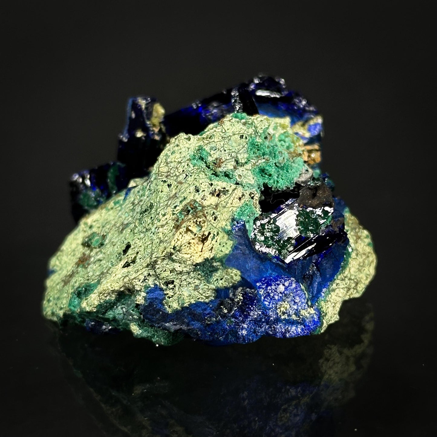 Azurite w/ Malachite (Tsumeb, Namibia), azurite crystal, mineral specimen