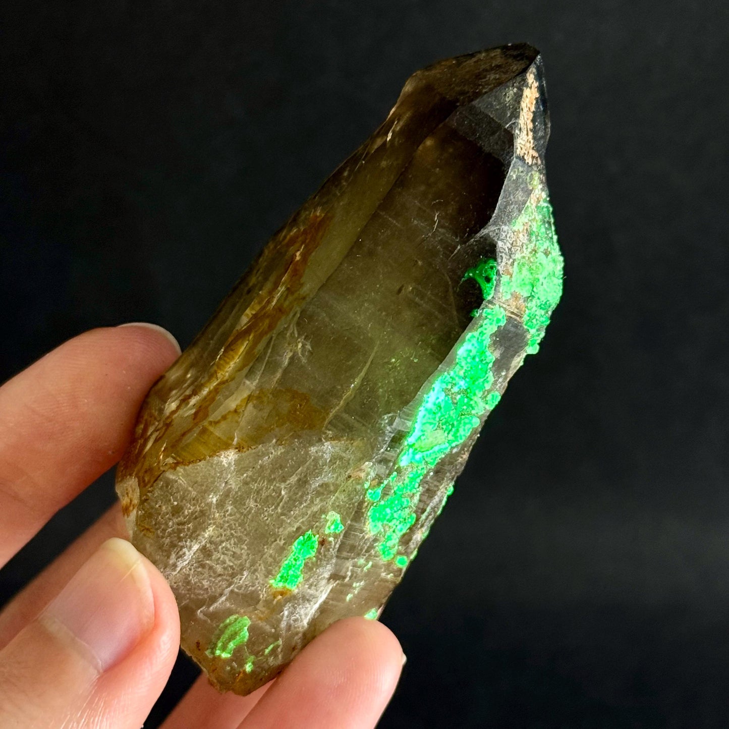 Hyalite Opal on Smoky Quartz (Namibia) | UV reactive Hyalite Opal on smoky quartz crystal