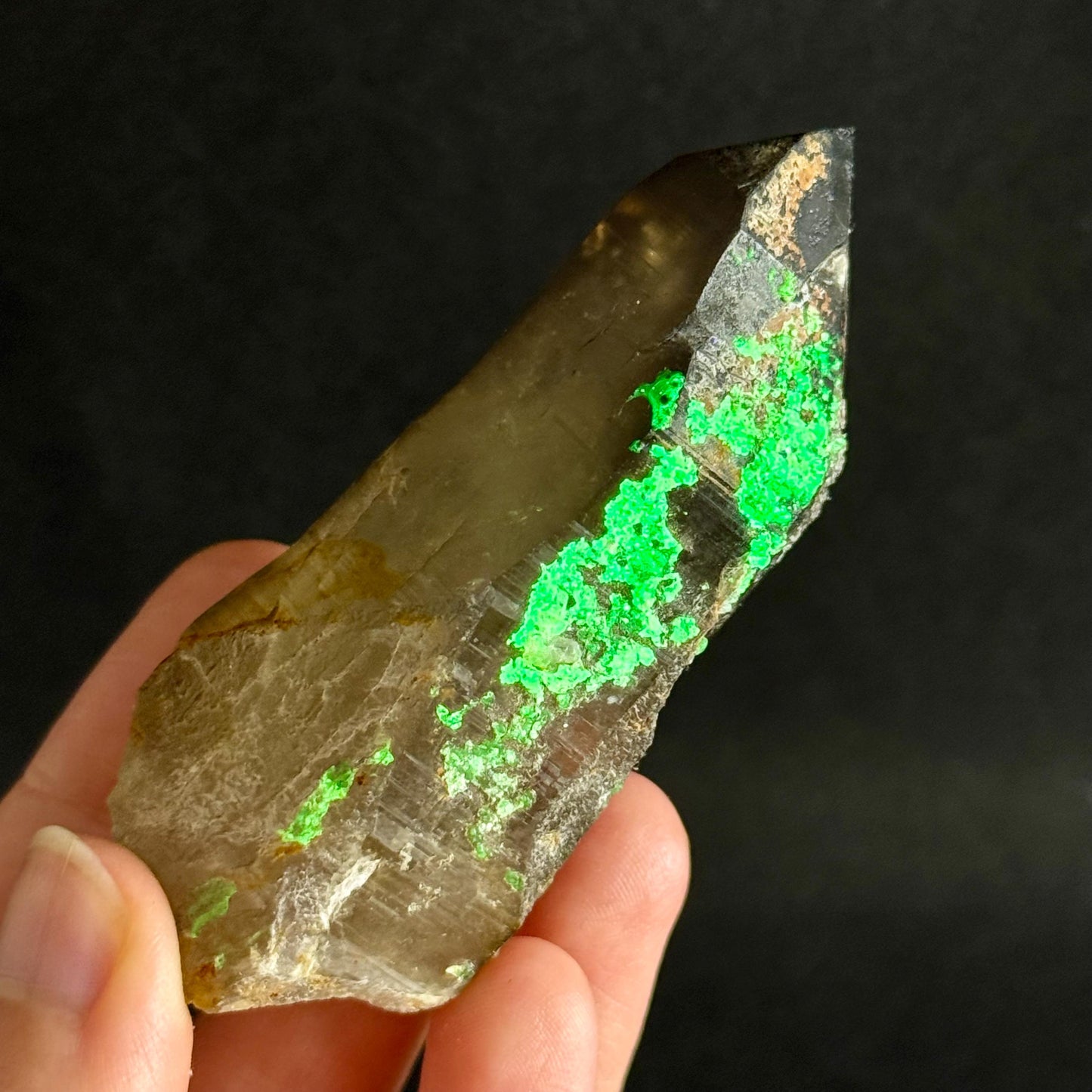 Hyalite Opal on Smoky Quartz (Namibia) | UV reactive Hyalite Opal on smoky quartz crystal