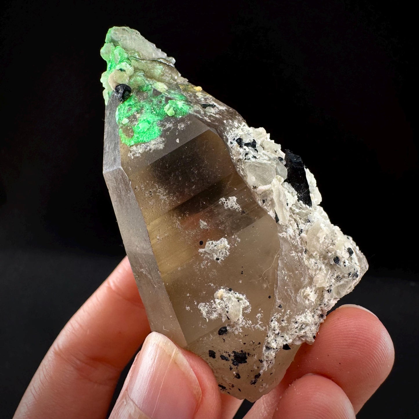 Hyalite Opal on Smoky Quartz (Namibia) | UV reactive Hyalite Opal on smoky quartz crystal, Tessin Habit
