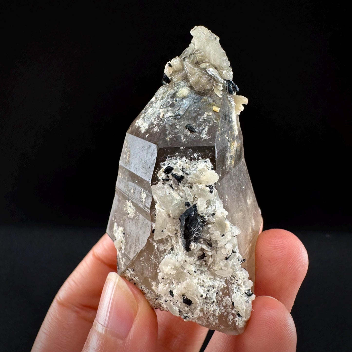 Hyalite Opal on Smoky Quartz (Namibia) | UV reactive Hyalite Opal on smoky quartz crystal, Tessin Habit