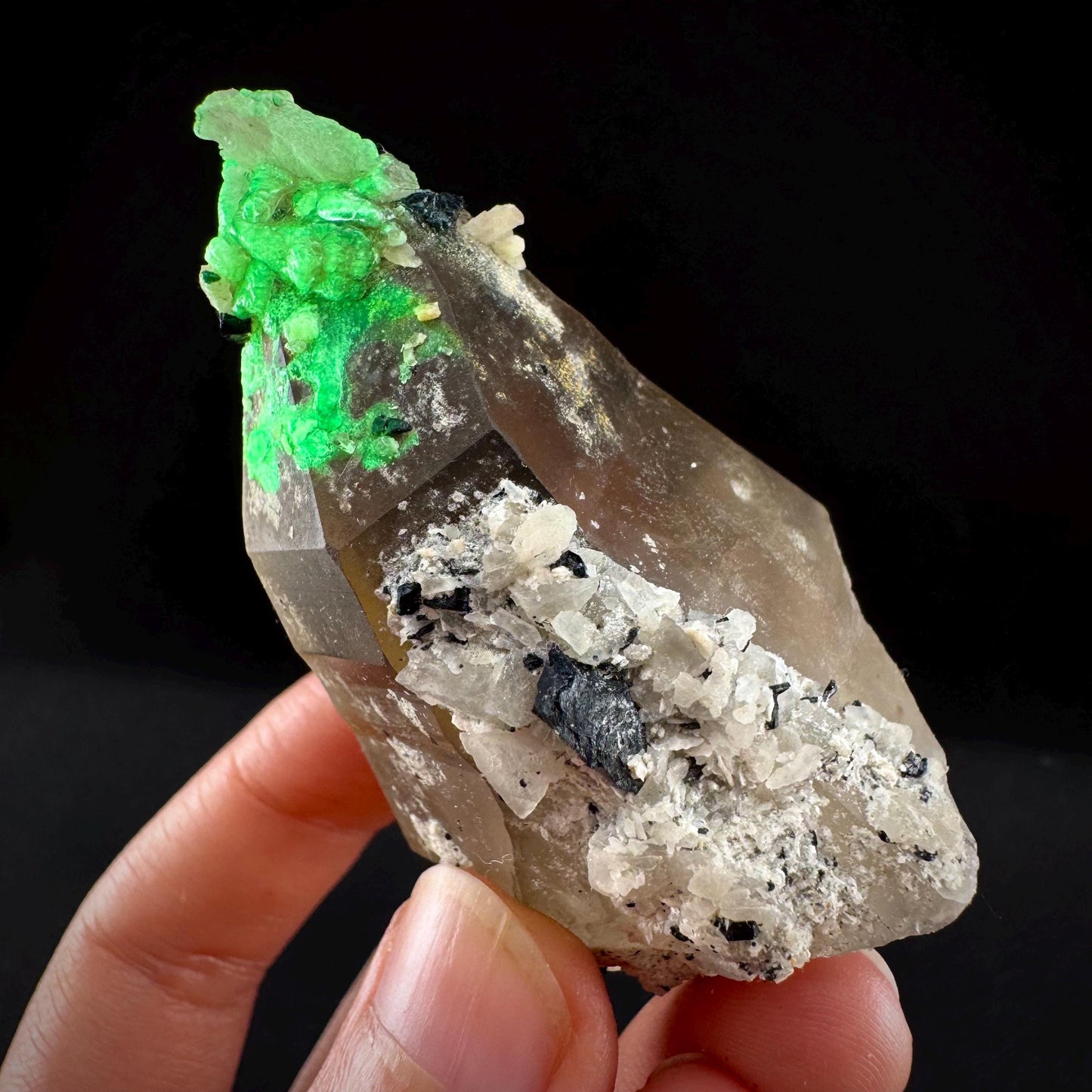 Hyalite Opal on Smoky Quartz (Namibia) | UV reactive Hyalite Opal on smoky quartz crystal, Tessin Habit