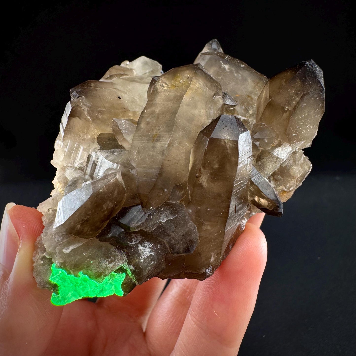 Hyalite Opal on Smoky Quartz (Namibia) | UV reactive Hyalite Opal on smoky quartz crystal