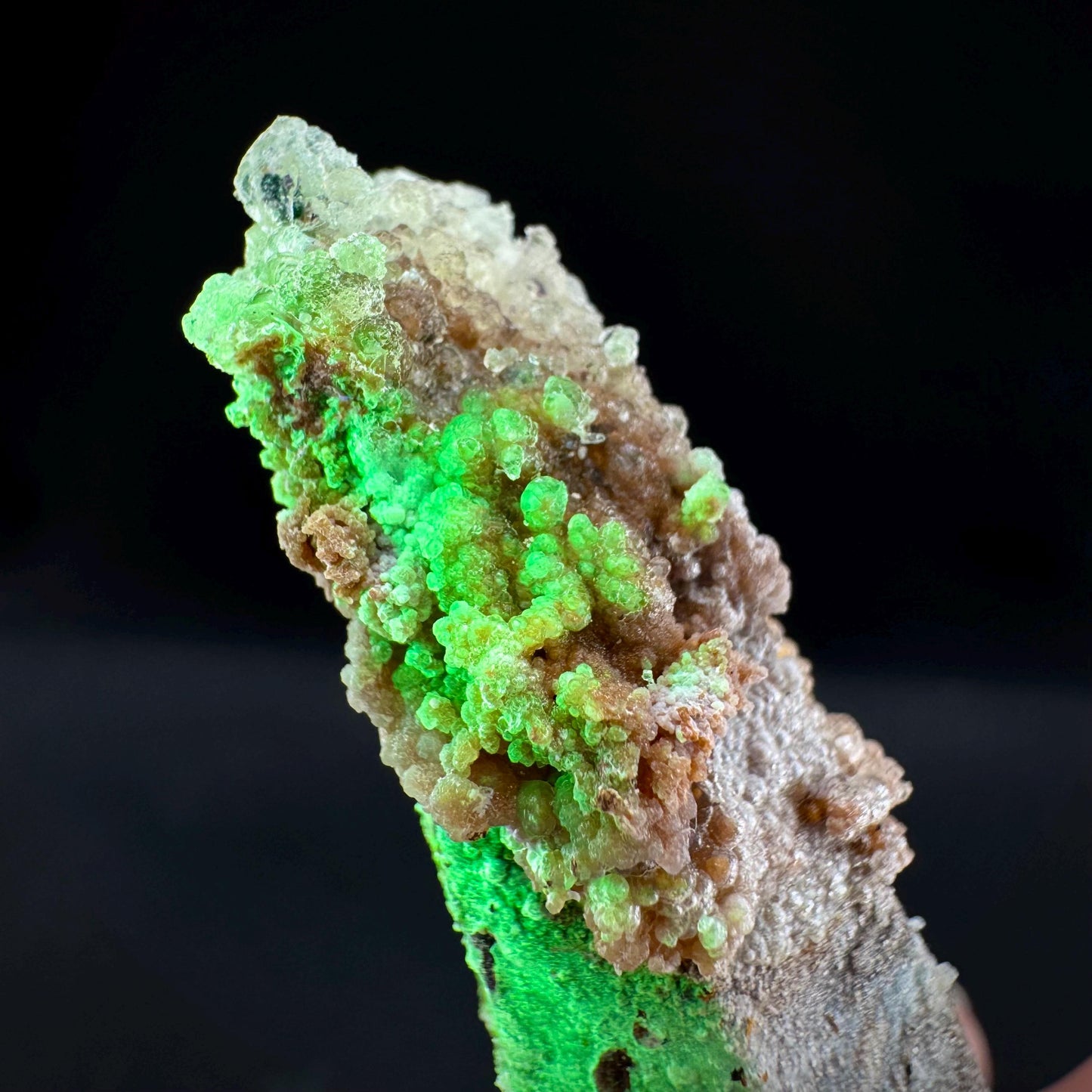 Hyalite Opal on Smoky Quartz (Namibia) | UV reactive Hyalite Opal on smoky quartz crystal
