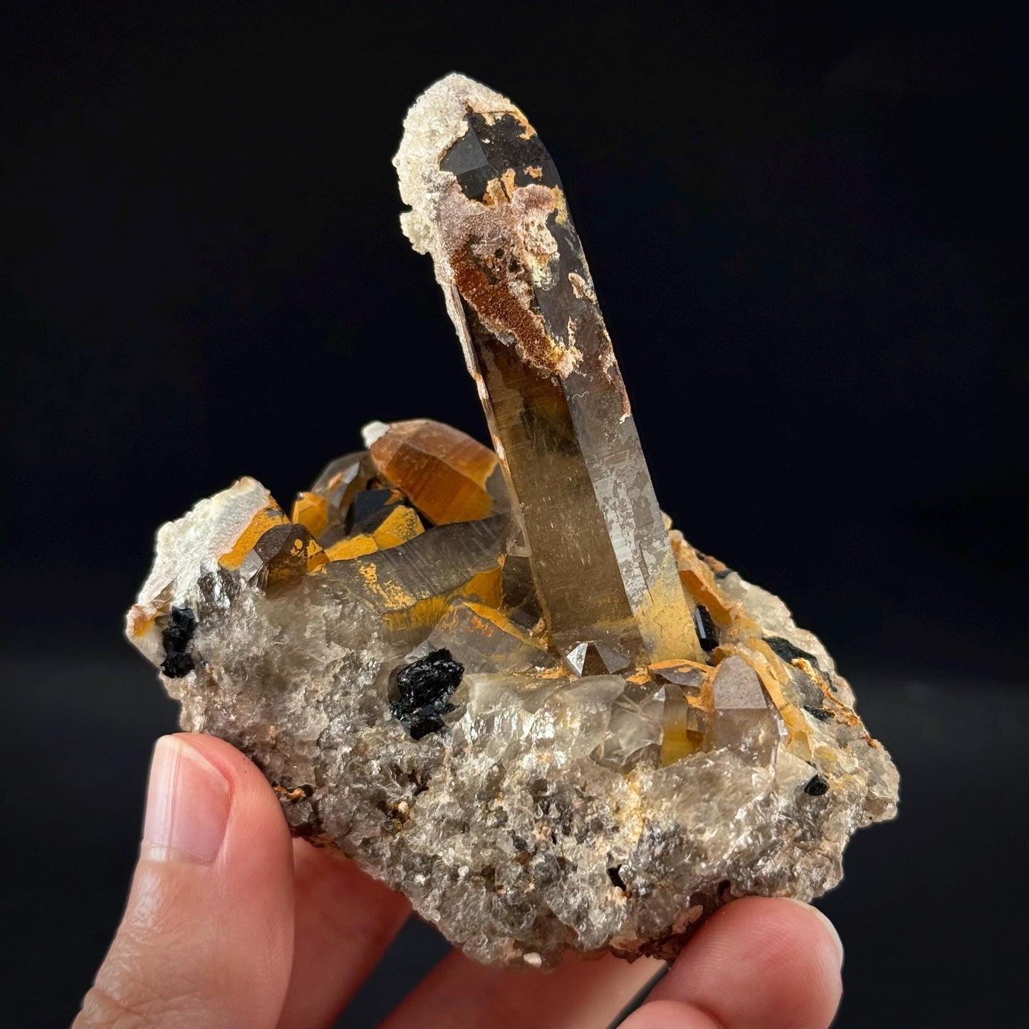 Hyalite Opal on Smoky Quartz (Namibia) | UV reactive Hyalite Opal on smoky quartz crystal