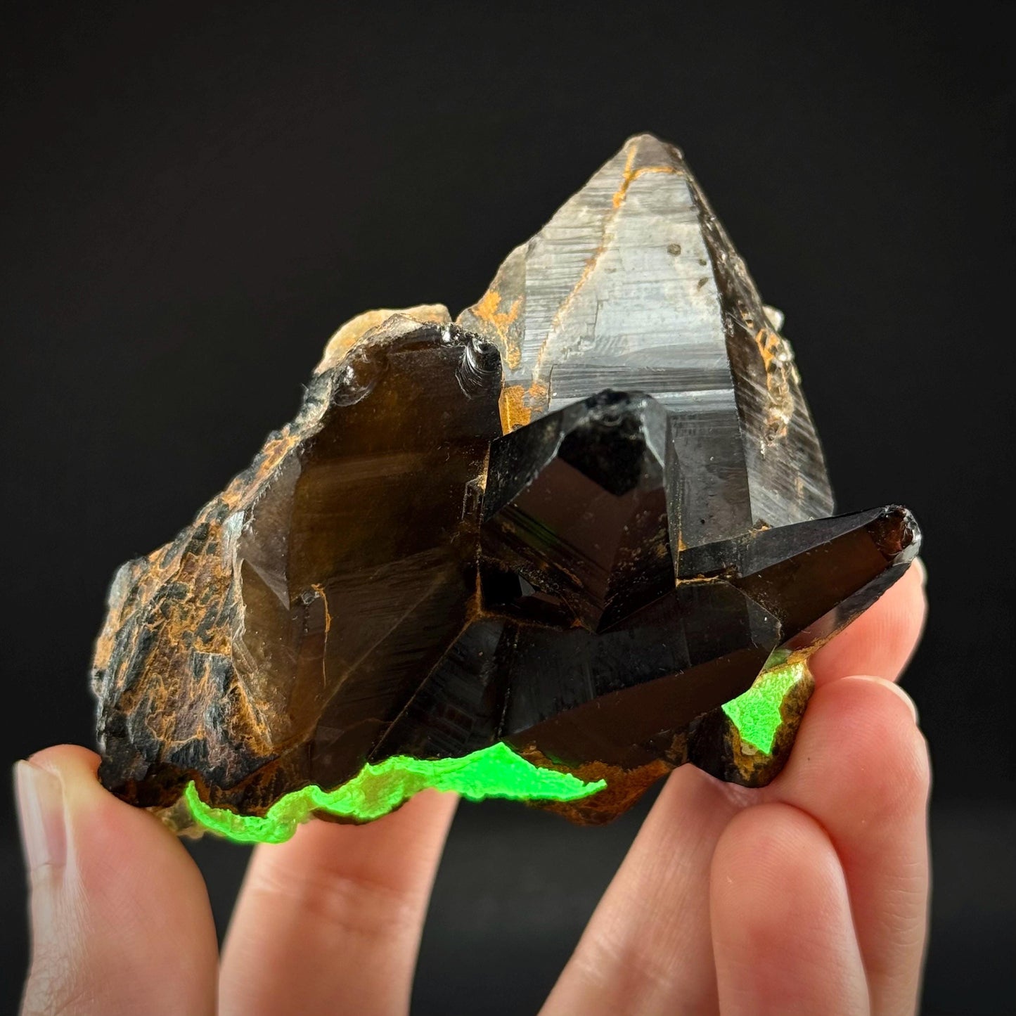 Hyalite Opal on Smoky Quartz (Namibia) | UV reactive Hyalite Opal on smoky quartz crystal