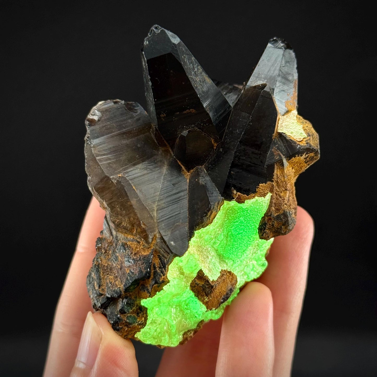 Hyalite Opal on Smoky Quartz (Namibia) | UV reactive Hyalite Opal on smoky quartz crystal
