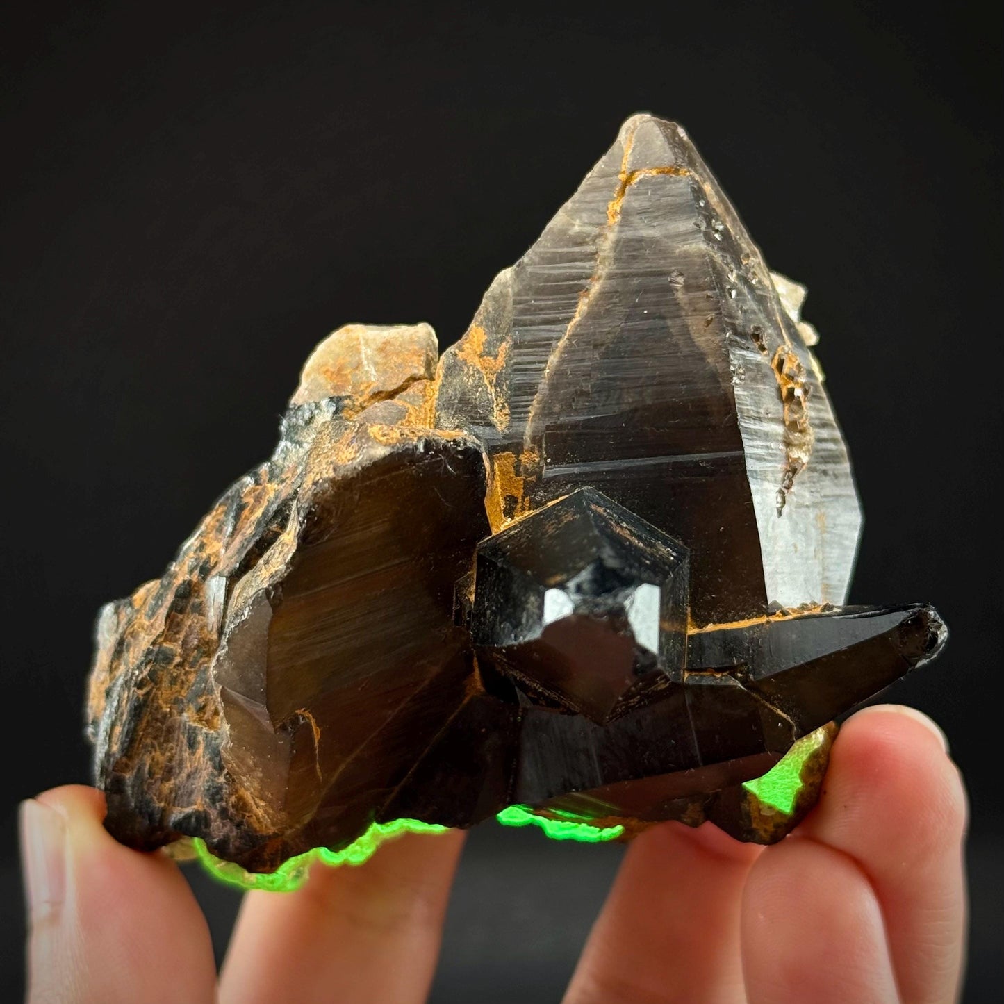 Hyalite Opal on Smoky Quartz (Namibia) | UV reactive Hyalite Opal on smoky quartz crystal