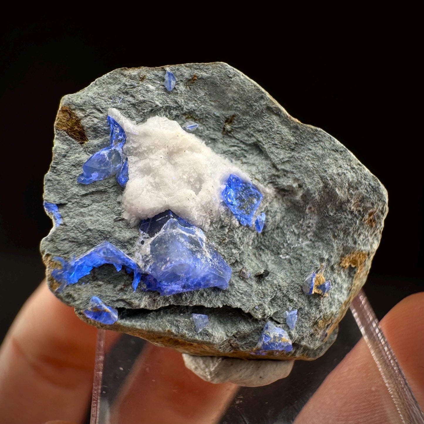 Benitoite w/ Natrolite (California, USA) | UV reactive benitoite crystal, rare mineral specimen