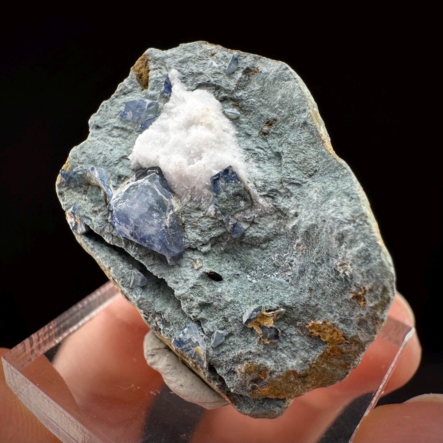 Benitoite w/ Natrolite (California, USA) | UV reactive benitoite crystal, rare mineral specimen