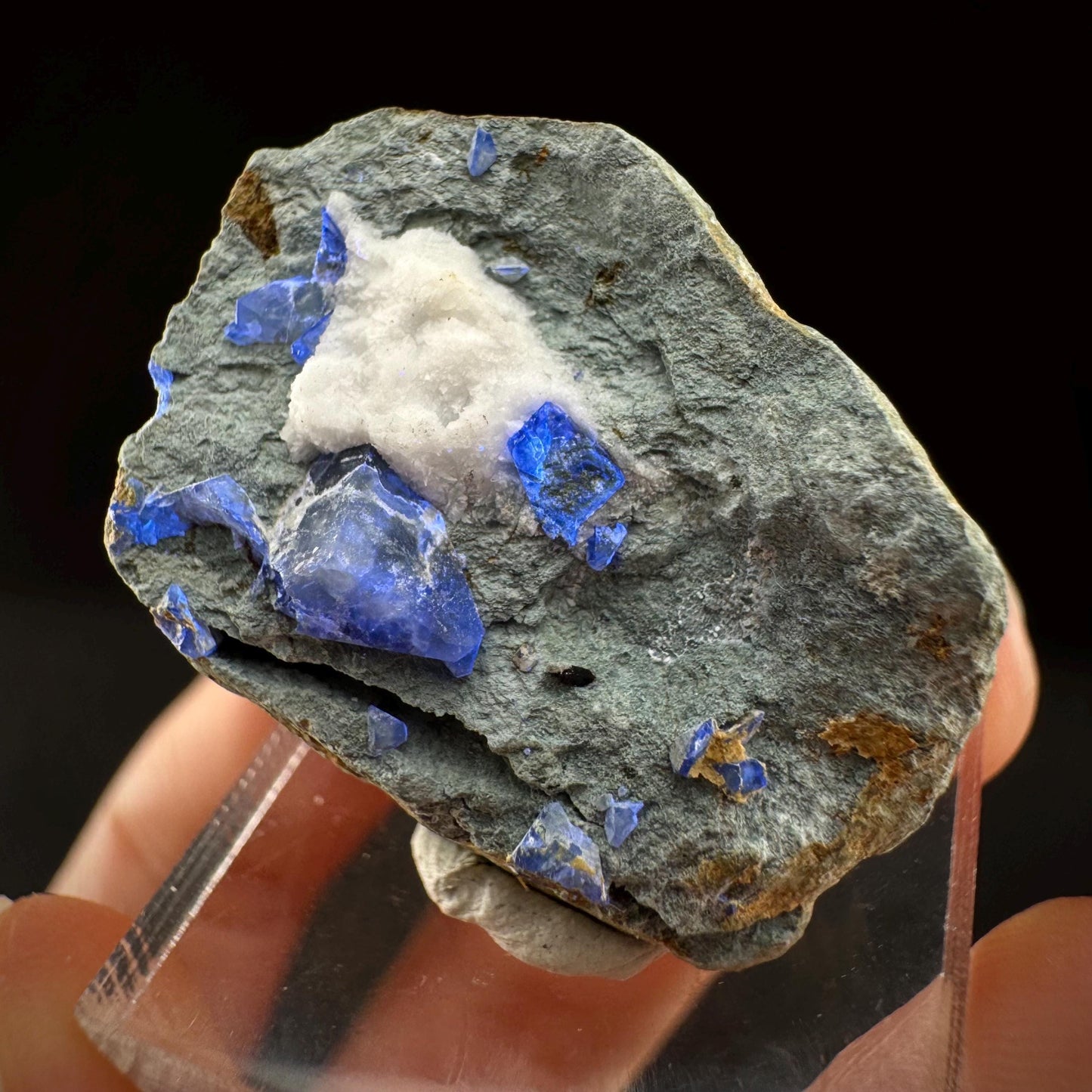 Benitoite w/ Natrolite (California, USA) | UV reactive benitoite crystal, rare mineral specimen