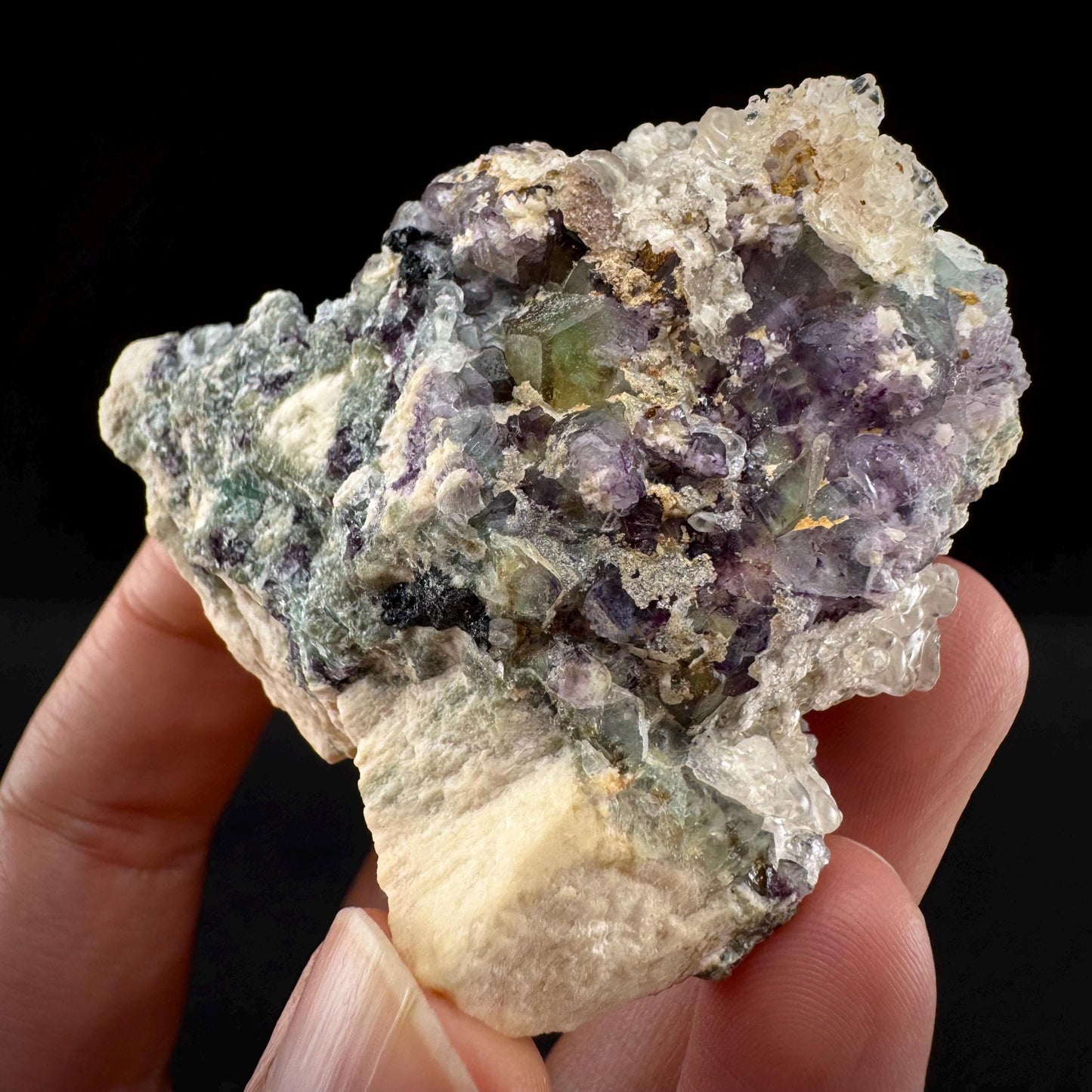 Fluorite w/ Hyalite Opal (Namibia) | UV reactive Hyalite Opal on fluorite crystal, mineral specimen