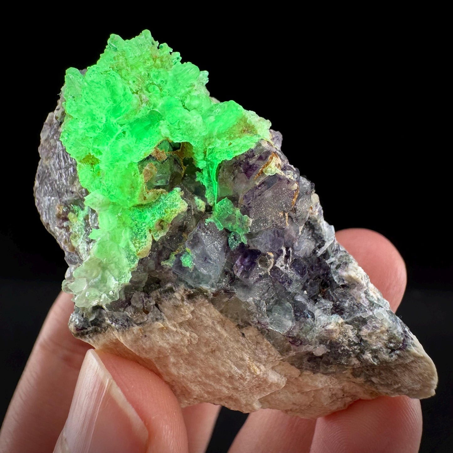 Fluorite w/ Hyalite Opal (Namibia) | UV reactive Hyalite Opal on fluorite crystal, mineral specimen