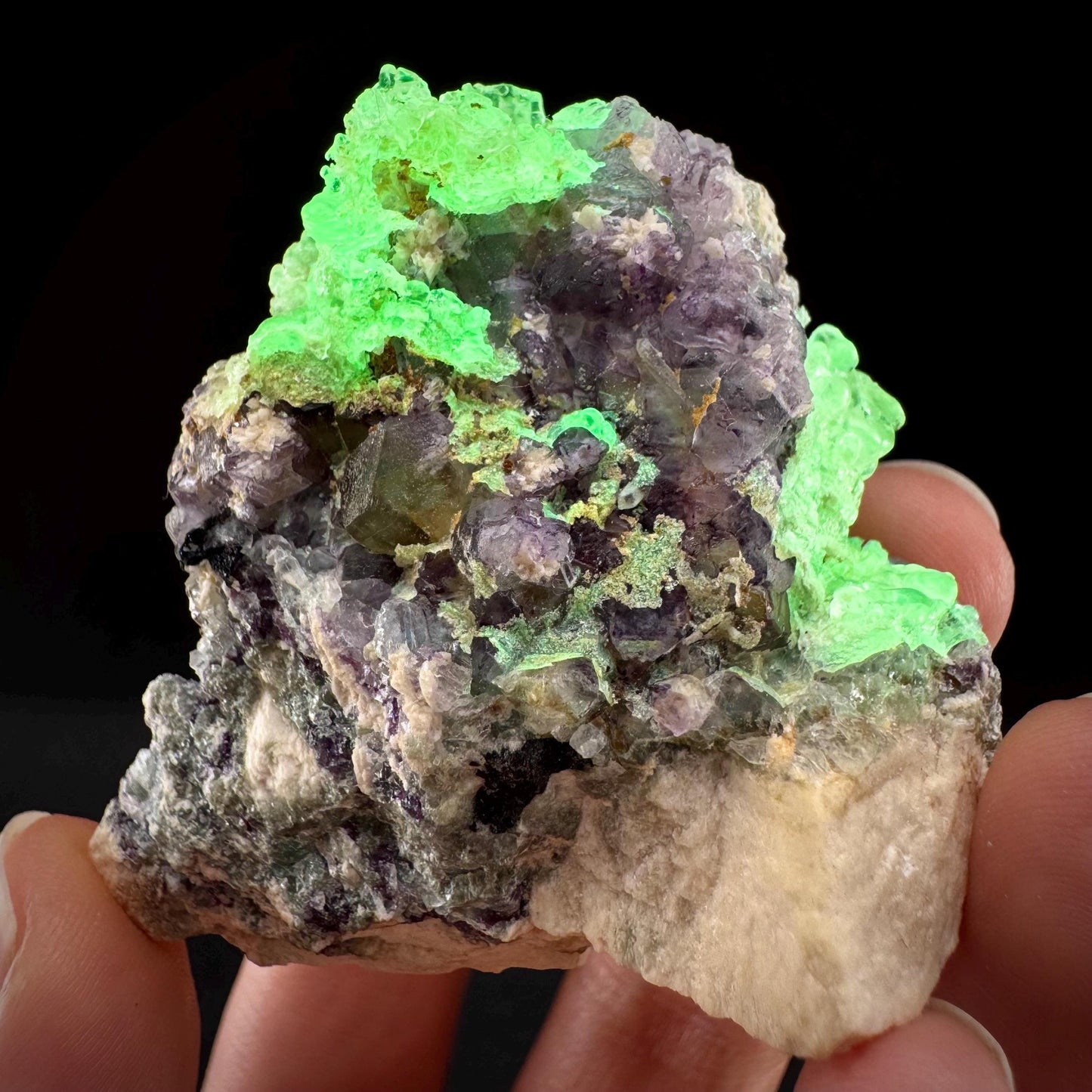 Fluorite w/ Hyalite Opal (Namibia) | UV reactive Hyalite Opal on fluorite crystal, mineral specimen