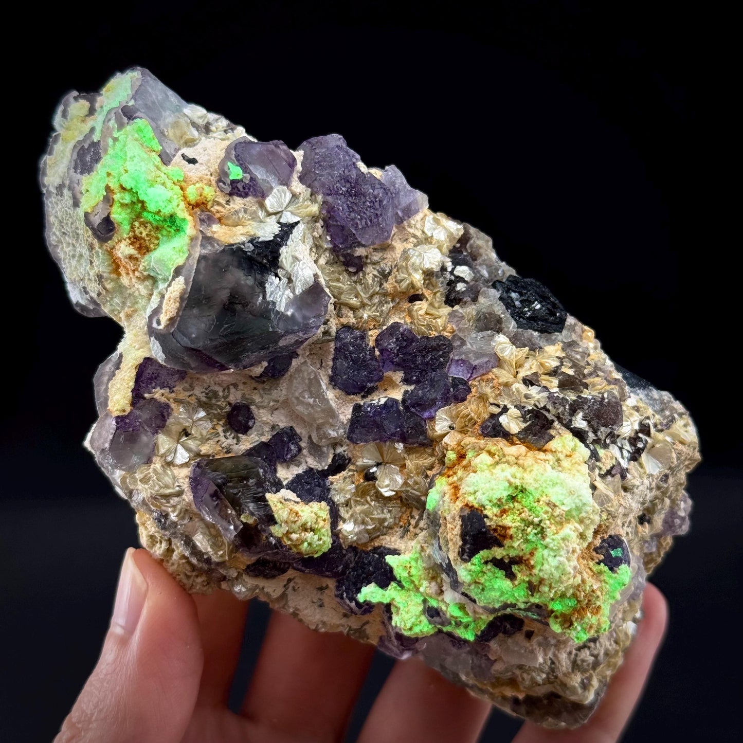 Fluorite w/ Hyalite Opal (Namibia) | UV reactive Hyalite Opal on fluorite crystal, mineral specimen
