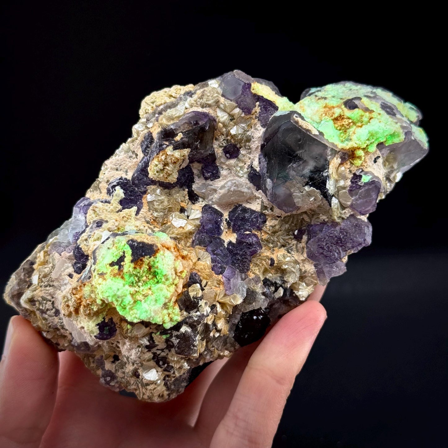 Fluorite w/ Hyalite Opal (Namibia) | UV reactive Hyalite Opal on fluorite crystal, mineral specimen