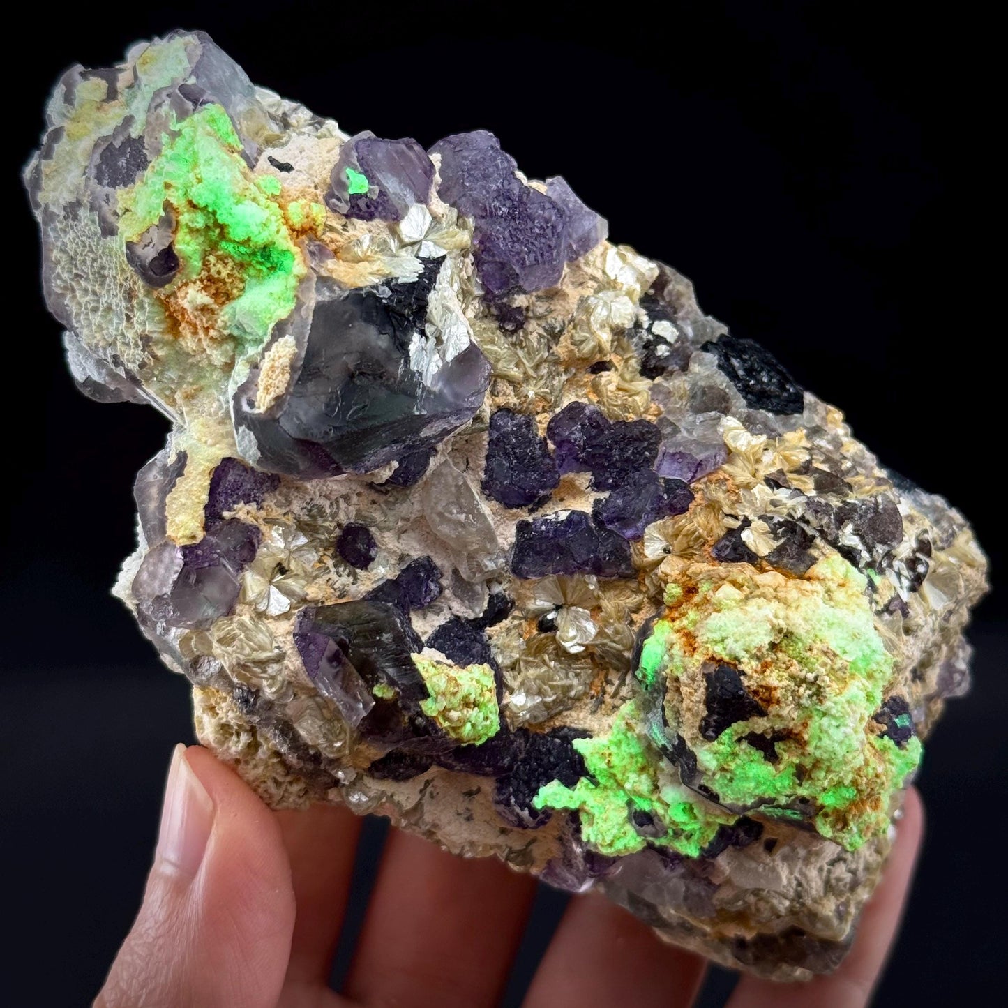 Fluorite w/ Hyalite Opal (Namibia) | UV reactive Hyalite Opal on fluorite crystal, mineral specimen