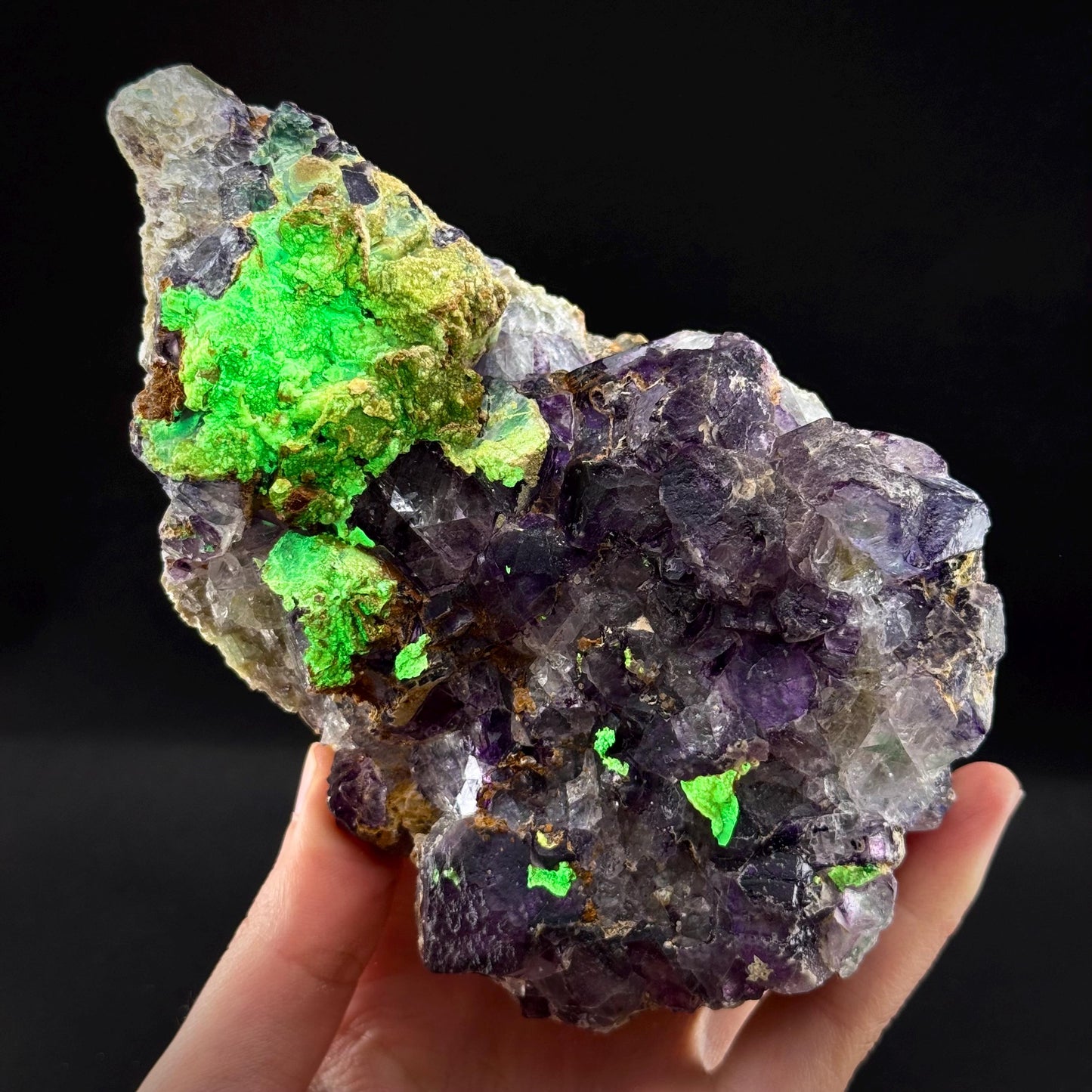 Fluorite w/ Hyalite Opal (Namibia) | UV reactive Hyalite Opal on fluorite crystal, mineral specimen