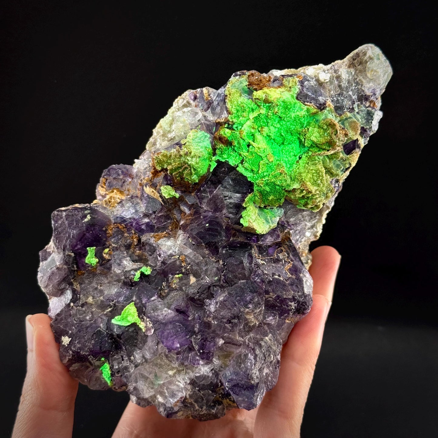 Fluorite w/ Hyalite Opal (Namibia) | UV reactive Hyalite Opal on fluorite crystal, mineral specimen
