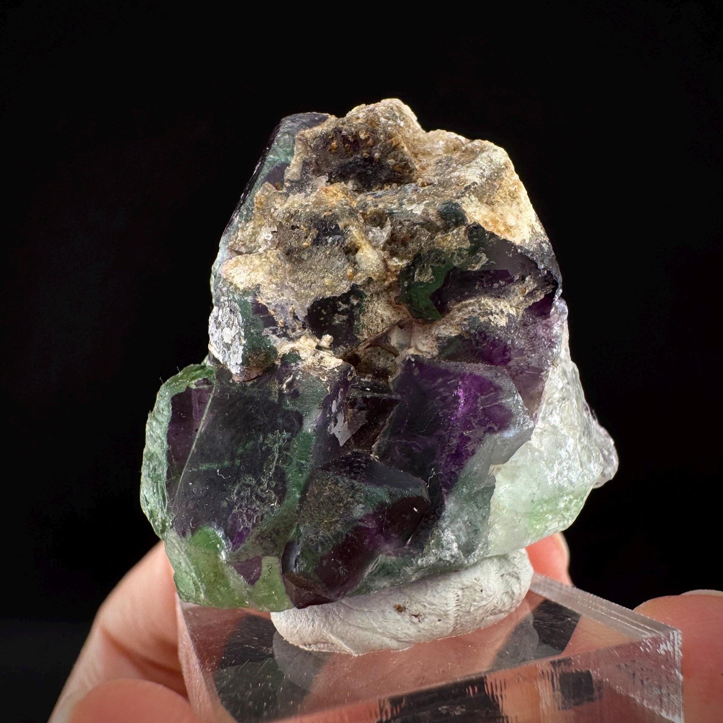 Fluorite w/ Hyalite Opal (Namibia) | UV reactive Hyalite Opal on fluorite crystal, mineral specimen
