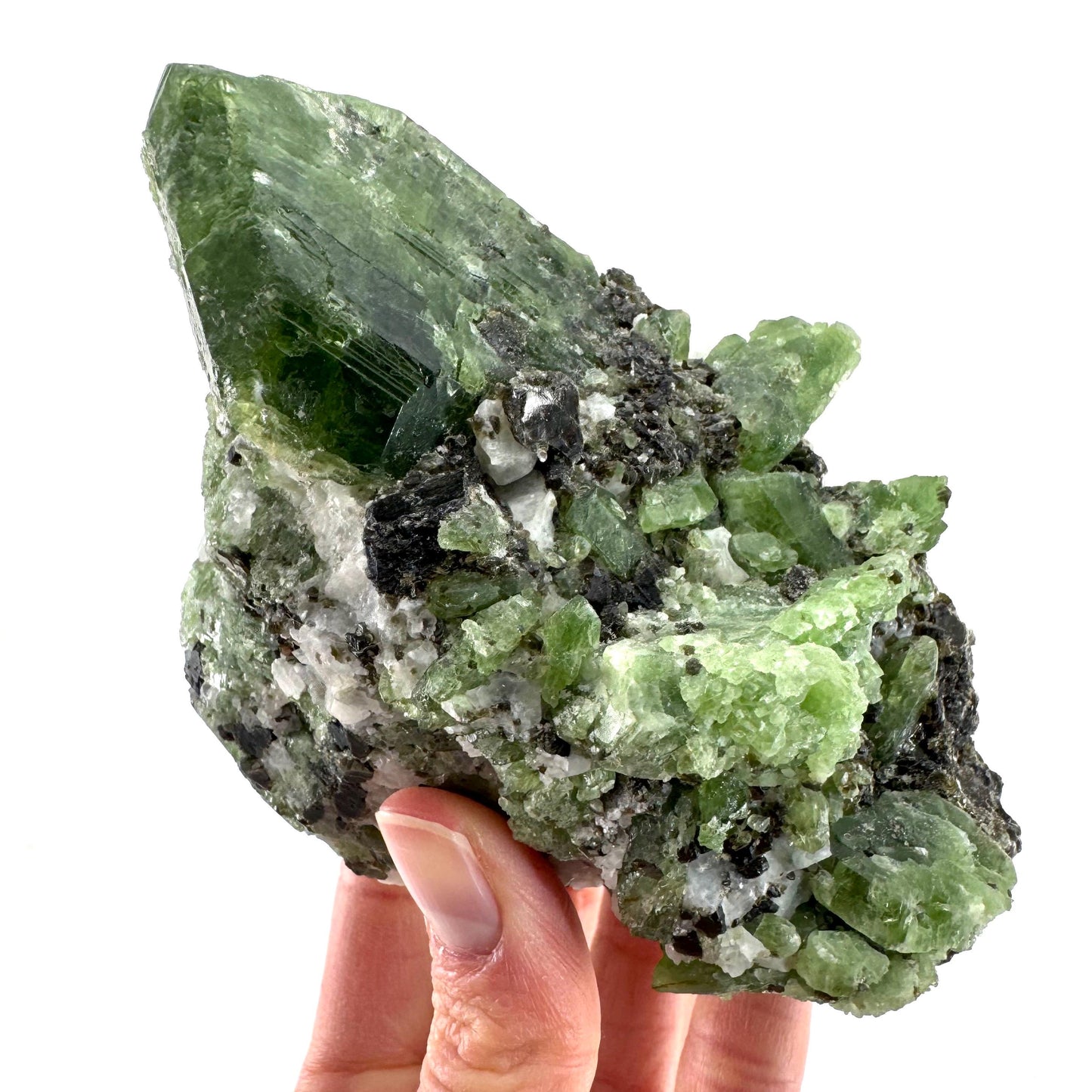 Diopside on Calcite (Afghanistan) | chrome diopside, green diopside crystal, mineral specimen