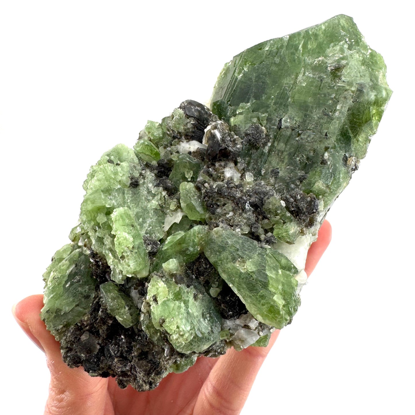Diopside on Calcite (Afghanistan) | chrome diopside, green diopside crystal, mineral specimen