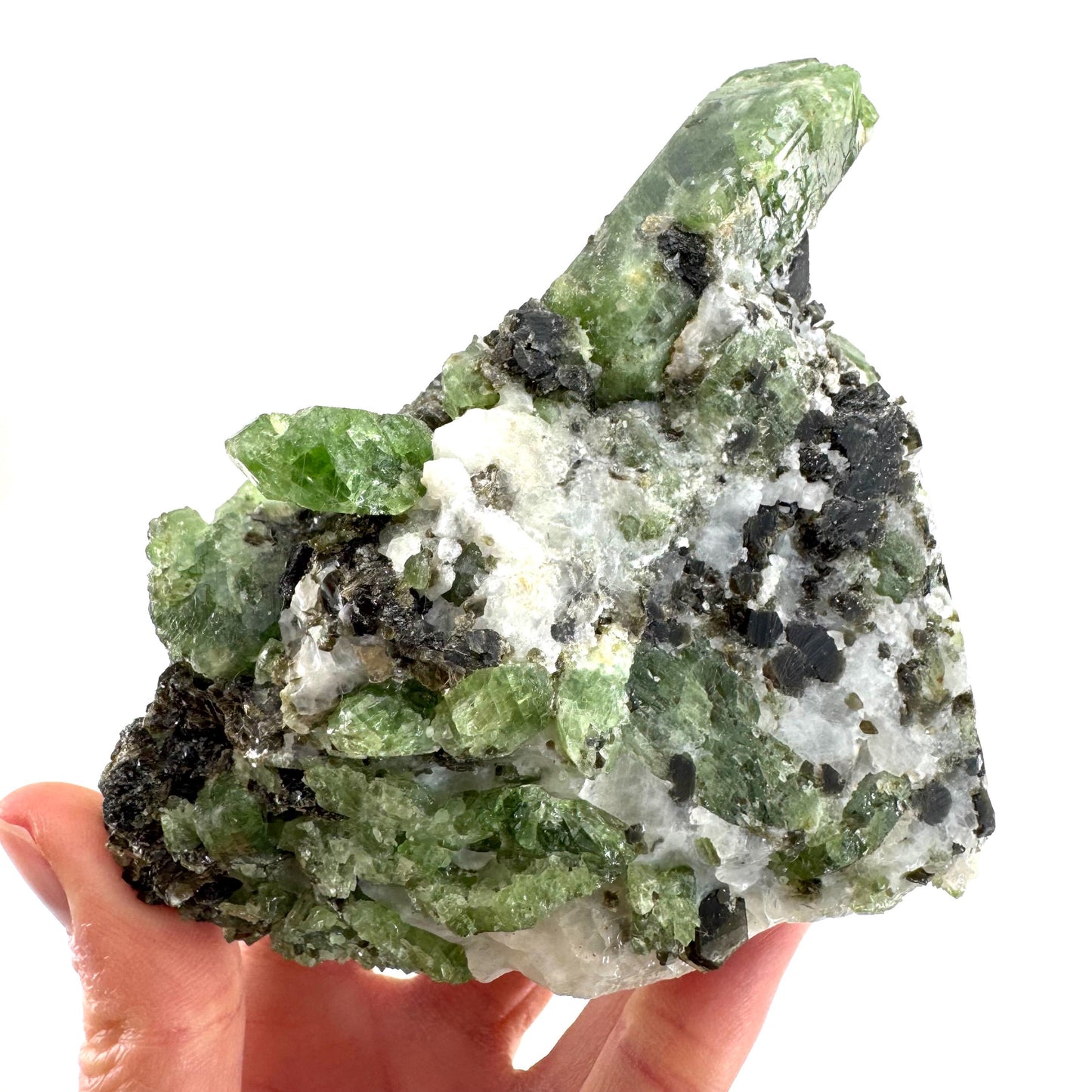 Diopside on Calcite (Afghanistan) | chrome diopside, green diopside crystal, mineral specimen