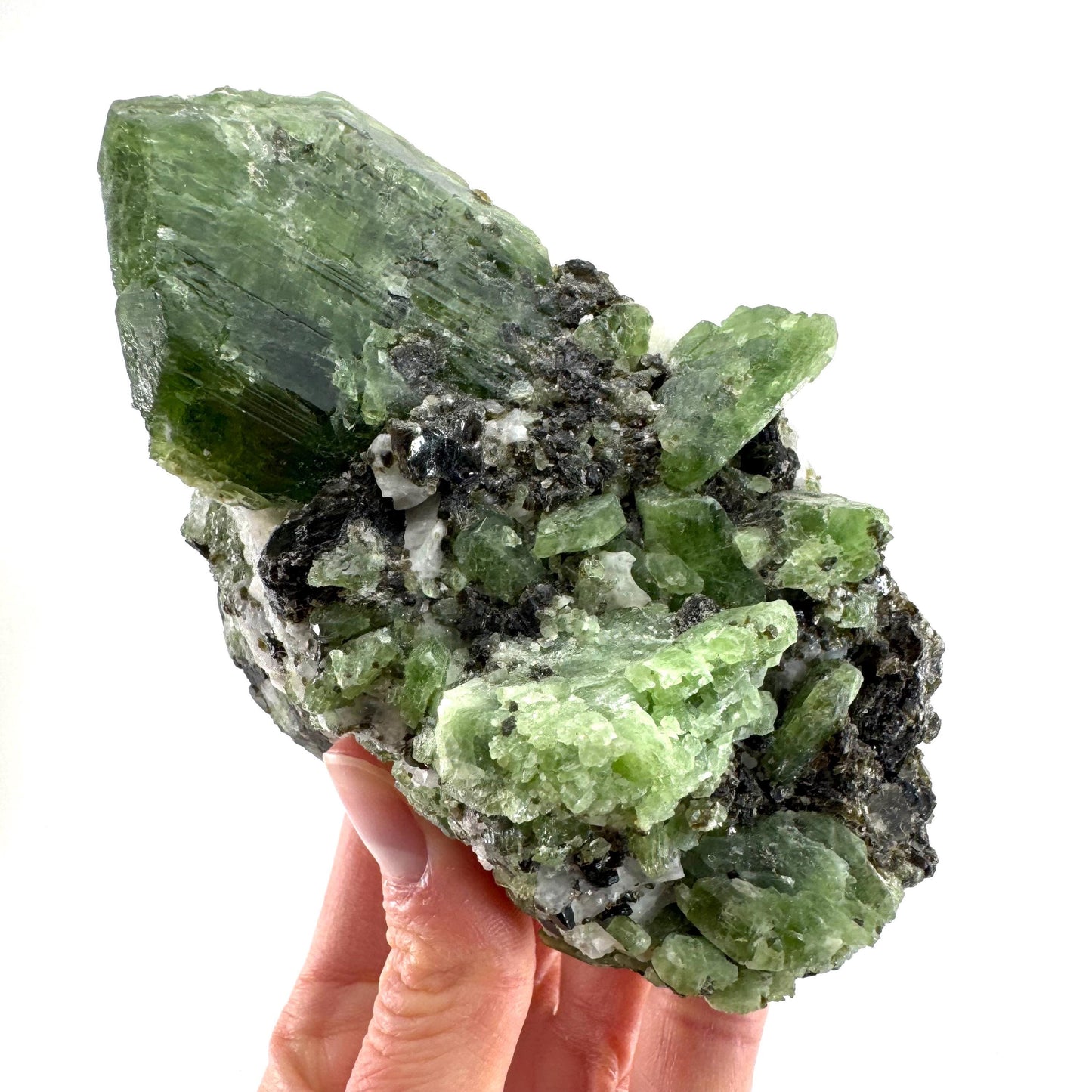 Diopside on Calcite (Afghanistan) | chrome diopside, green diopside crystal, mineral specimen
