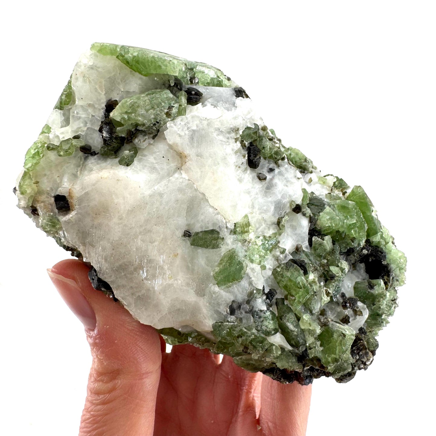 Diopside on Calcite (Afghanistan) | chrome diopside, green diopside crystal, mineral specimen