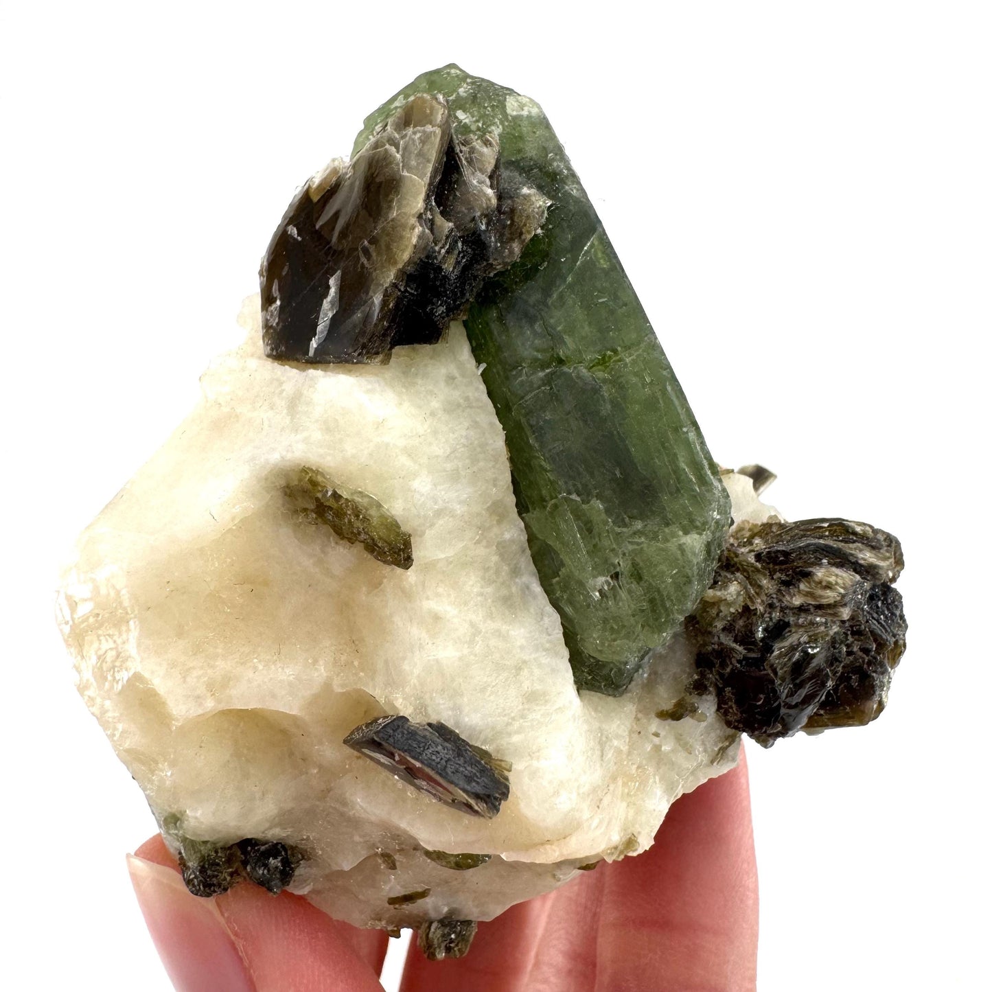 Diopside on Calcite (Afghanistan) | chrome diopside, green diopside crystal, mineral specimen