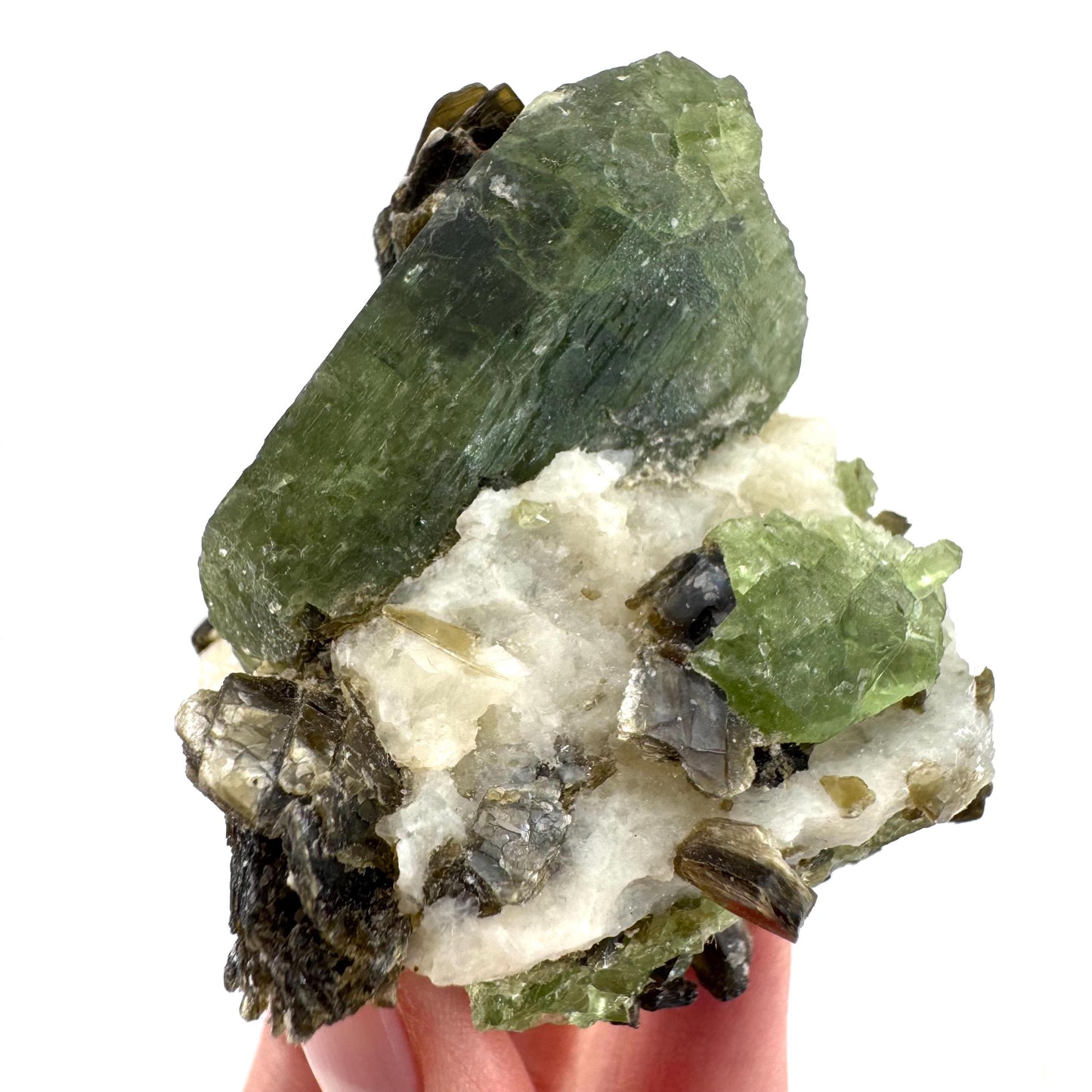 Diopside on Calcite (Afghanistan) | chrome diopside, green diopside crystal, mineral specimen