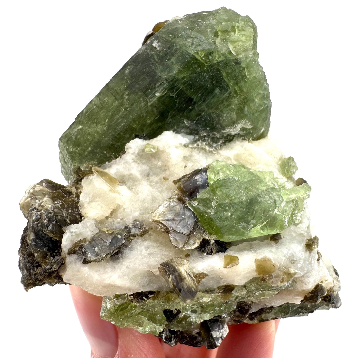 Diopside on Calcite (Afghanistan) | chrome diopside, green diopside crystal, mineral specimen