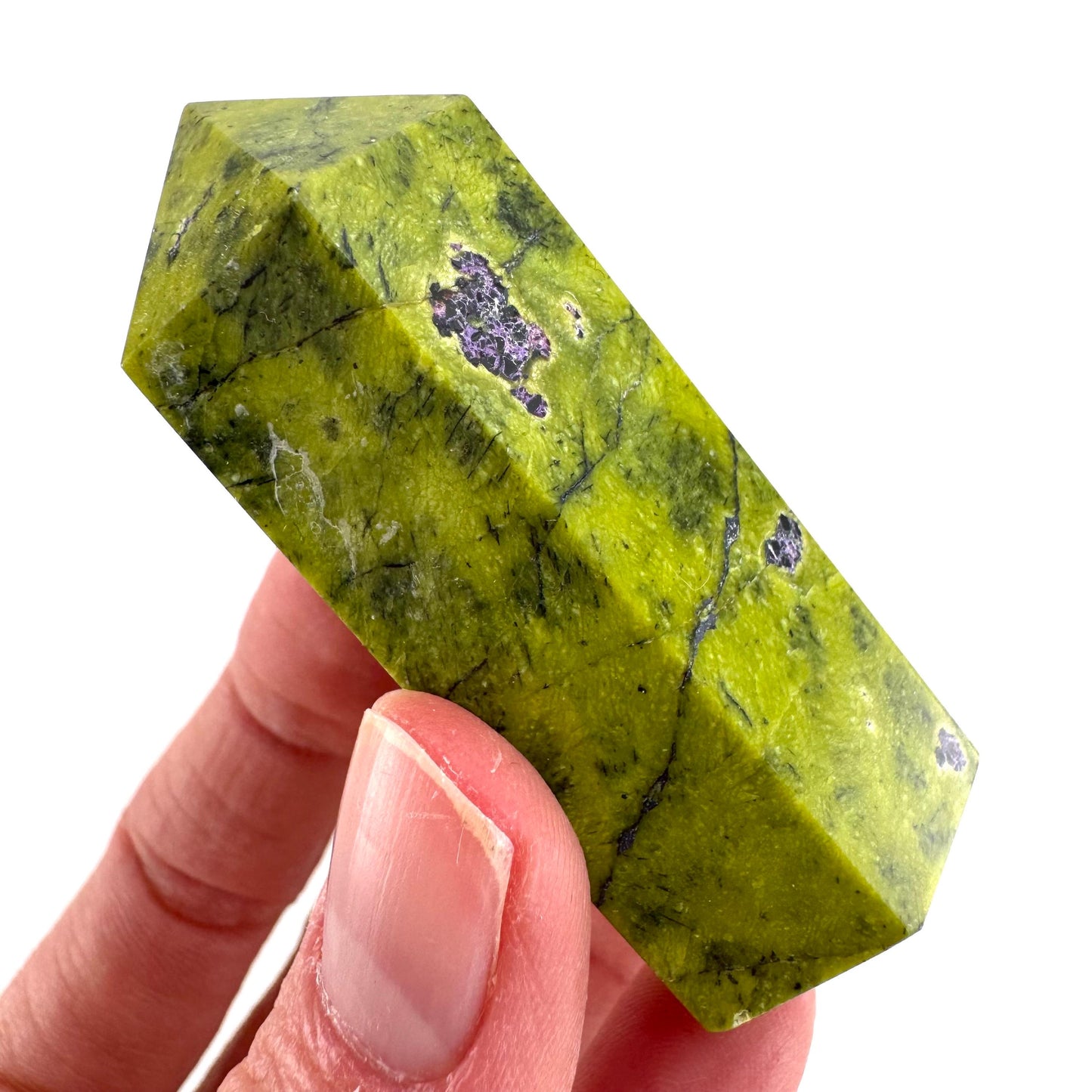 Atlantisite Point (Tasmania) | polished atlantisite crystal tower, stichtite in serpentine, crystal point, rare minerals